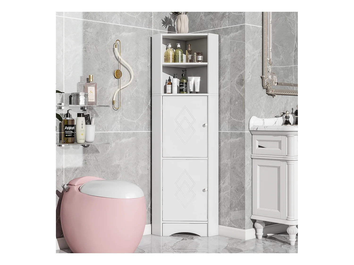 Meuble d'angle de salle de bain, avec 2 étagères, design moderne, MDF, blanc (36.5x36.5x155 cm)