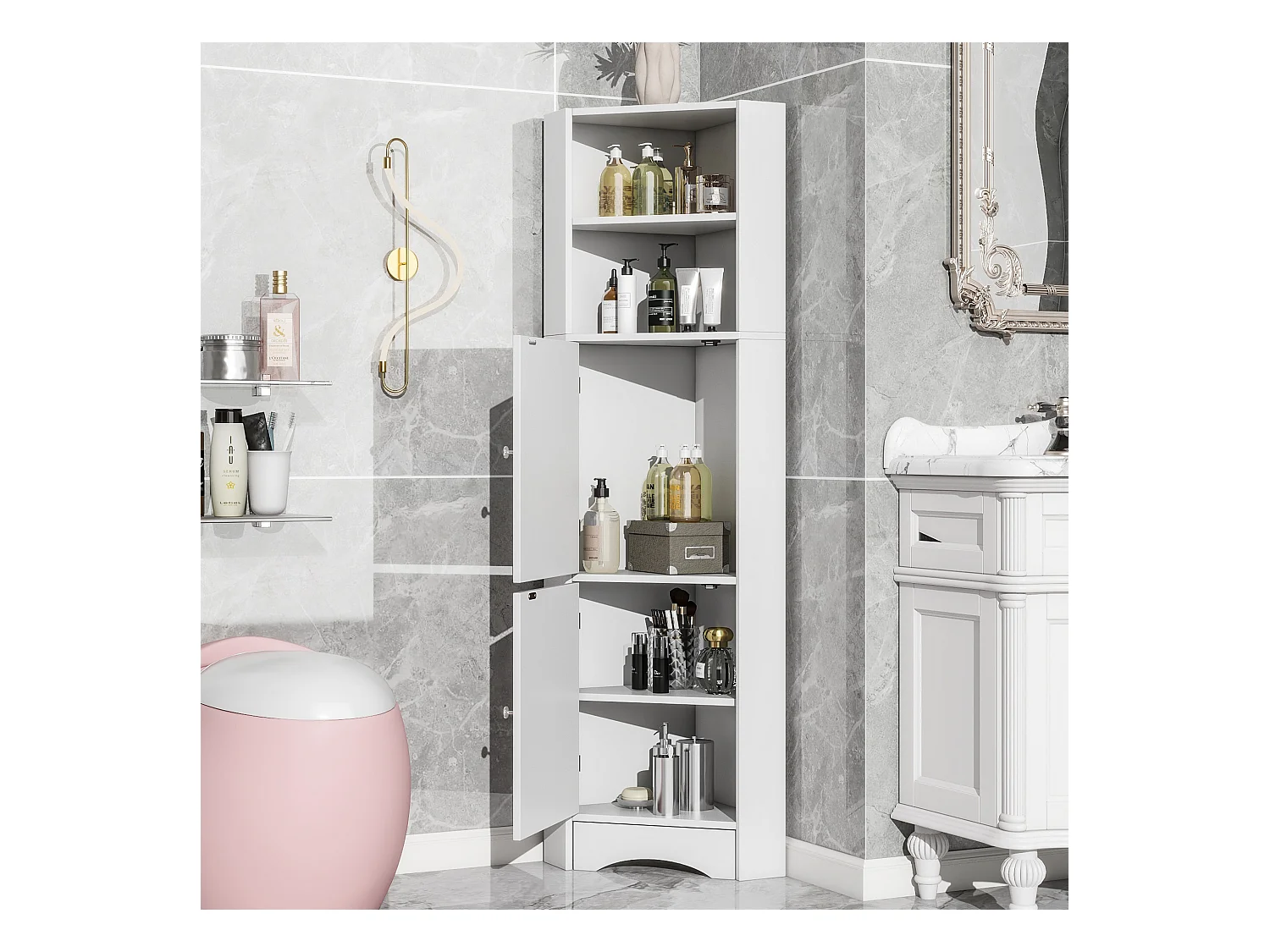 Meuble d'angle de salle de bain, avec 2 étagères, design moderne, MDF, blanc (36.5x36.5x155 cm)