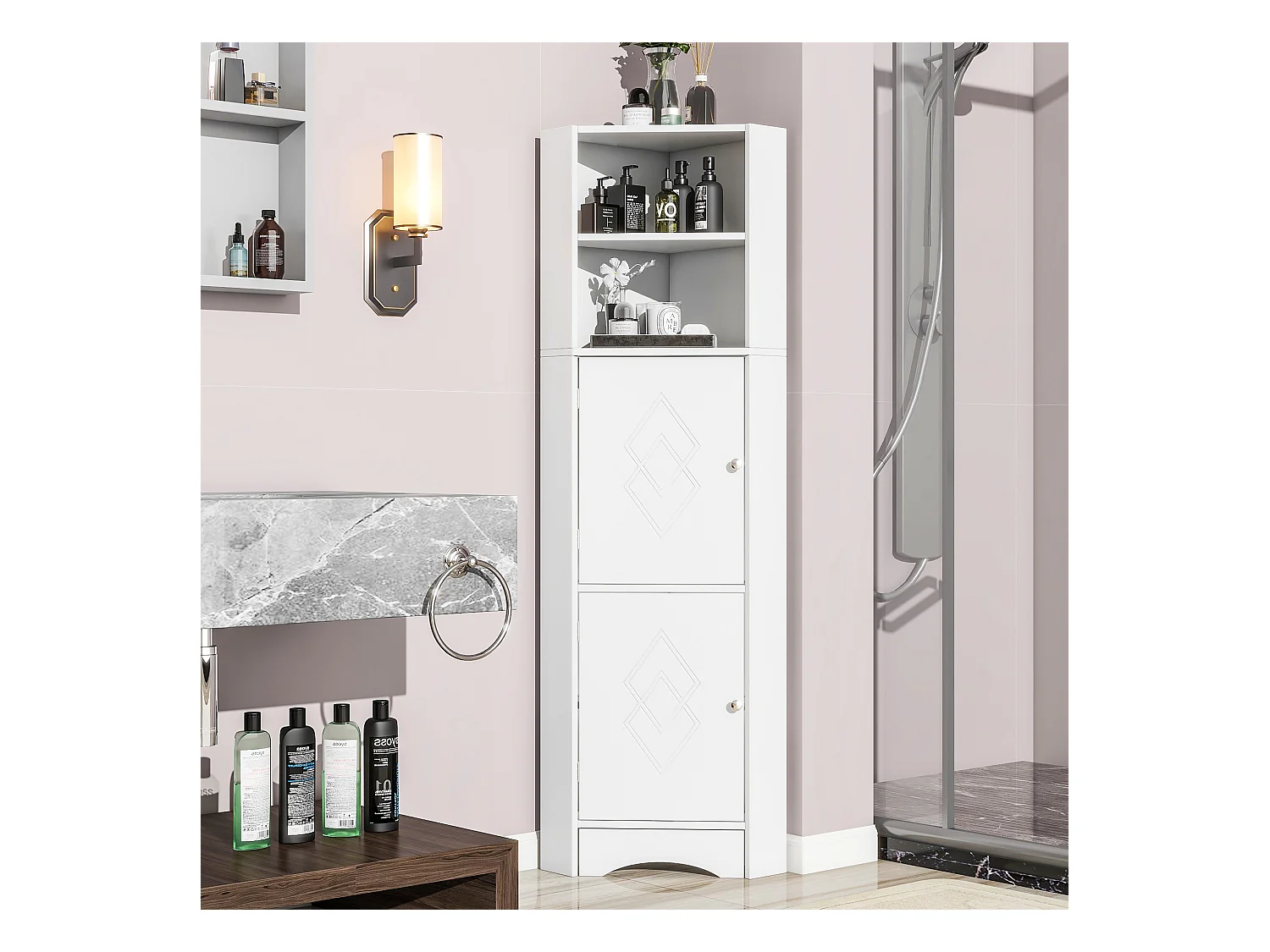 Meuble d'angle de salle de bain, avec 2 étagères, design moderne, MDF, blanc (36.5x36.5x155 cm)