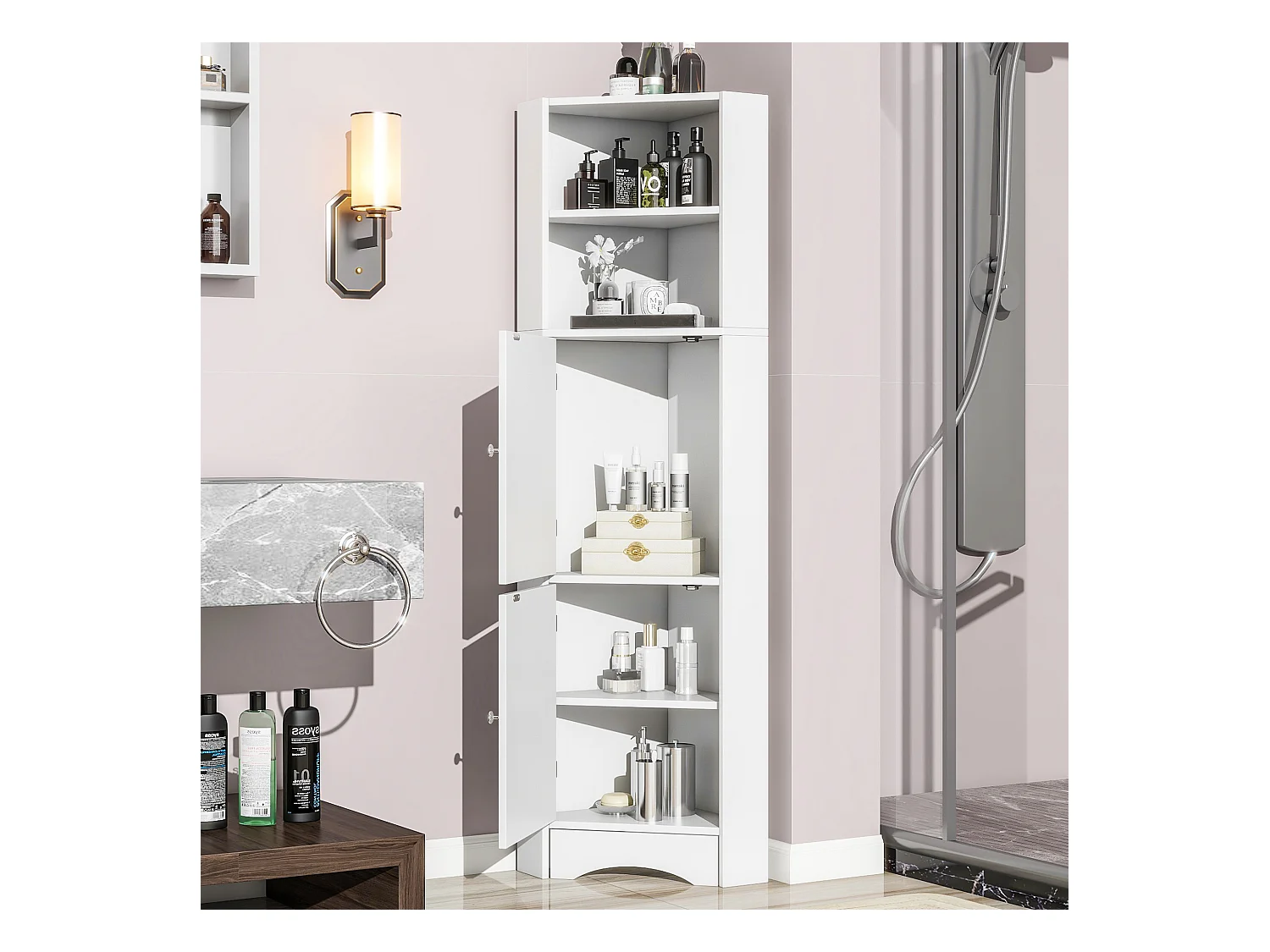 Meuble d'angle de salle de bain, avec 2 étagères, design moderne, MDF, blanc (36.5x36.5x155 cm)