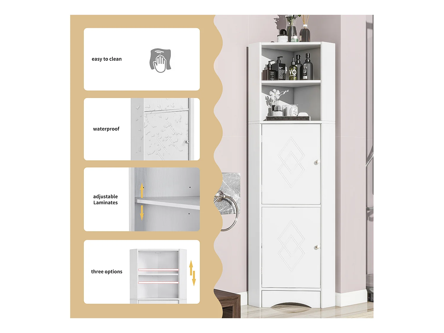 Meuble d'angle de salle de bain, avec 2 étagères, design moderne, MDF, blanc (36.5x36.5x155 cm)