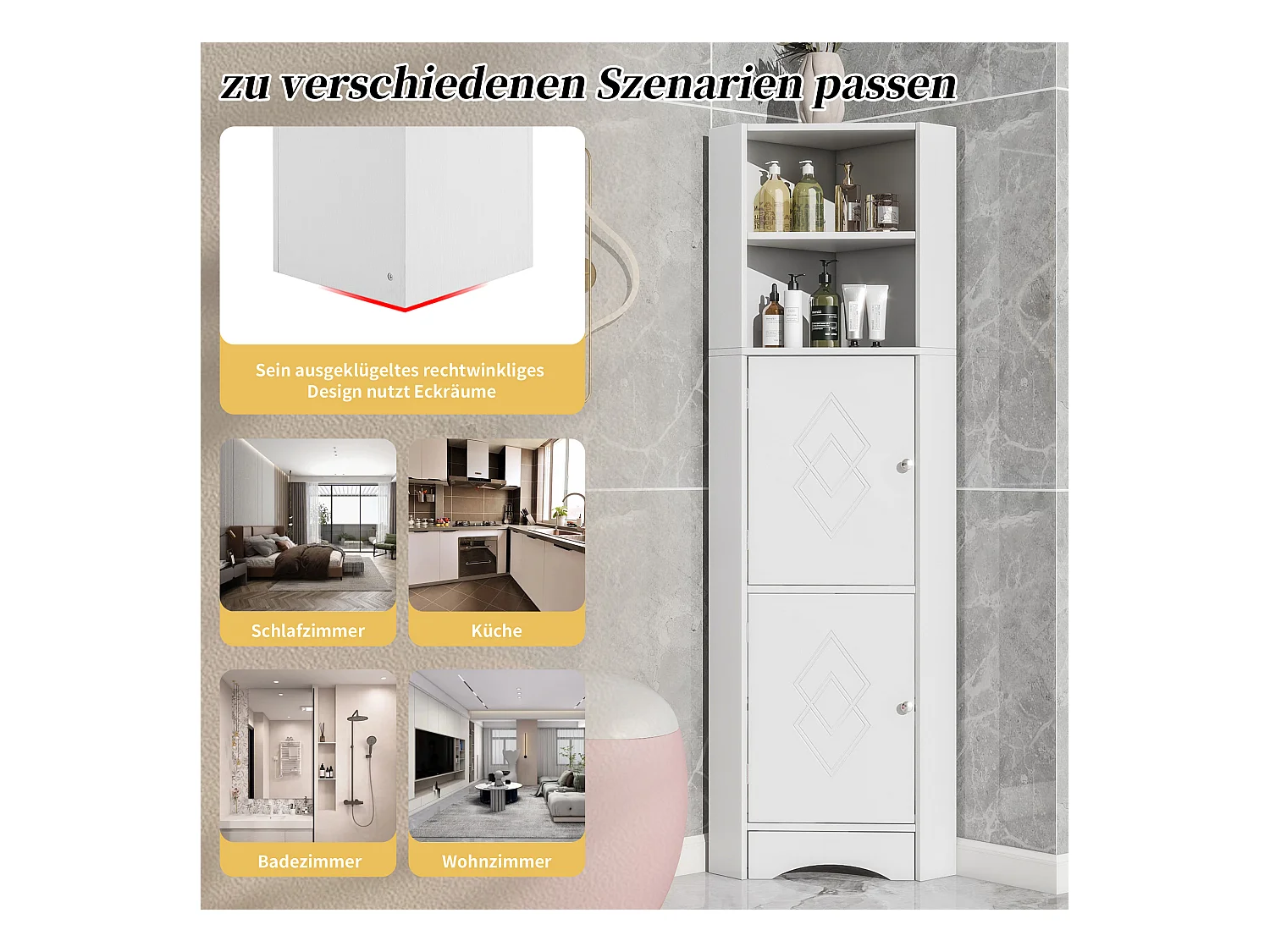 Meuble d'angle de salle de bain, avec 2 étagères, design moderne, MDF, blanc (36.5x36.5x155 cm)