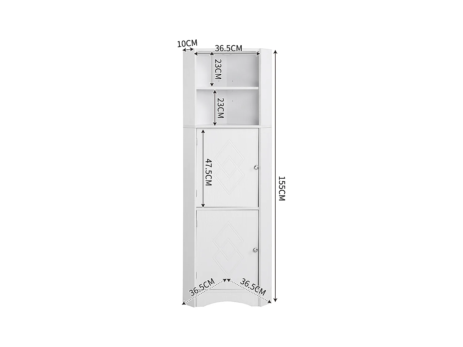 Meuble d'angle de salle de bain, avec 2 étagères, design moderne, MDF, blanc (36.5x36.5x155 cm)