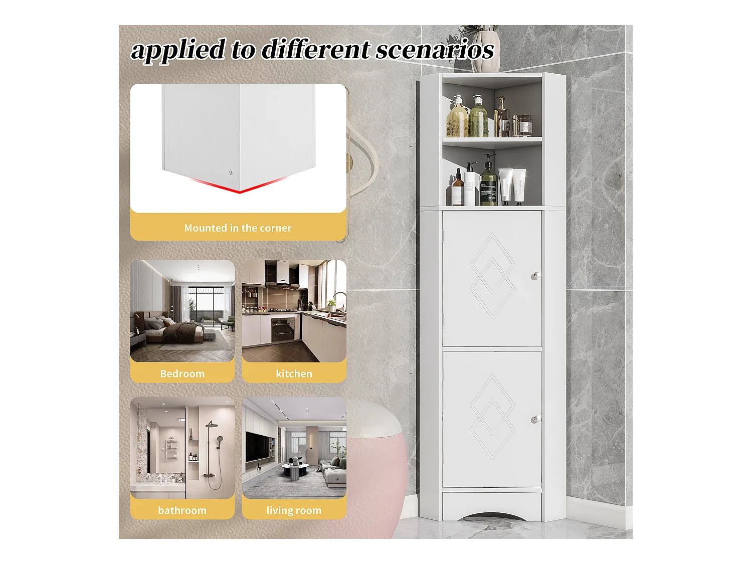 Meuble d'angle de salle de bain, avec 2 étagères, design moderne, MDF, blanc (36.5x36.5x155 cm)