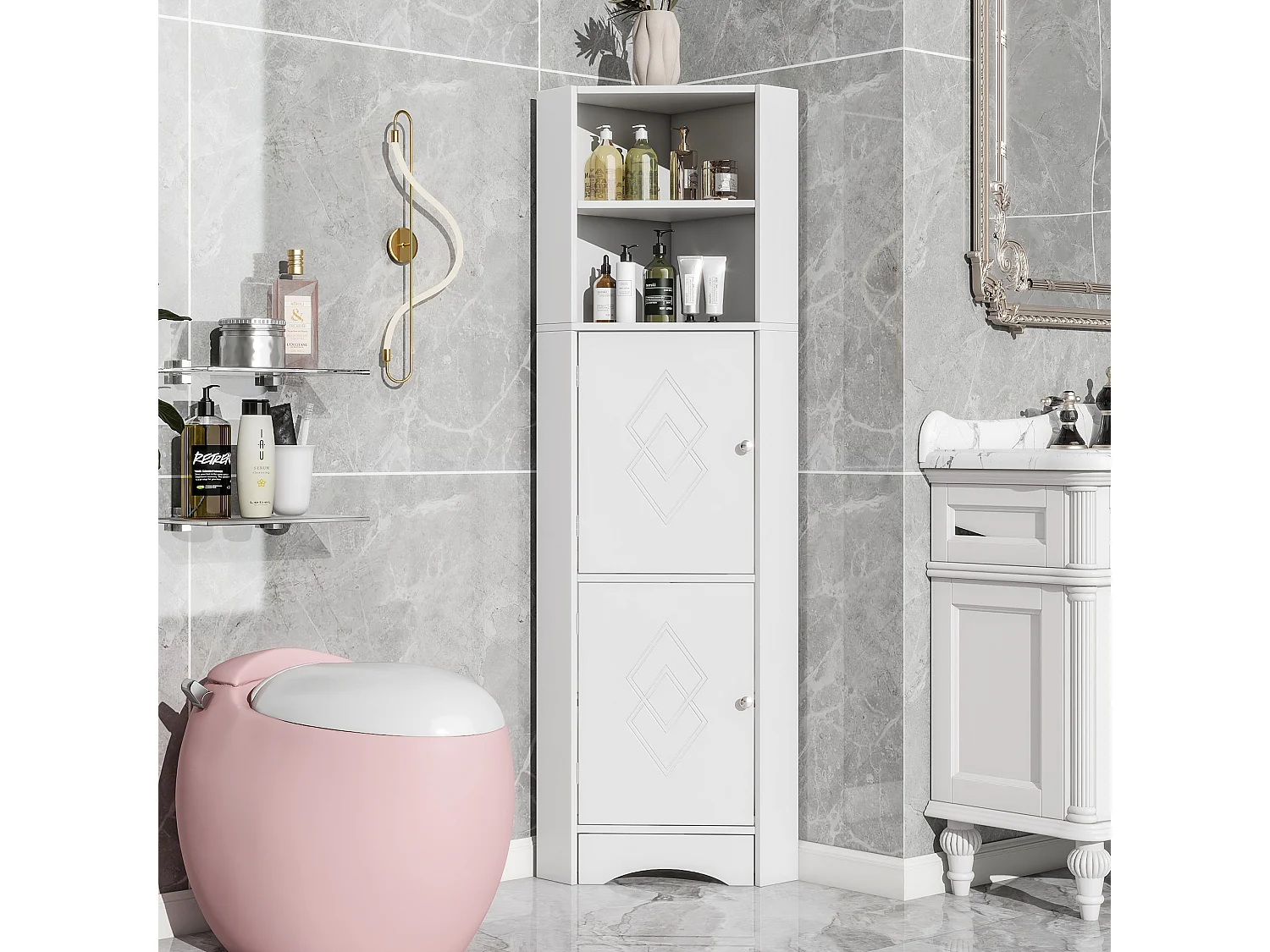 Meuble d'angle de salle de bain, avec 2 étagères, design moderne, MDF, blanc (36.5x36.5x155 cm)