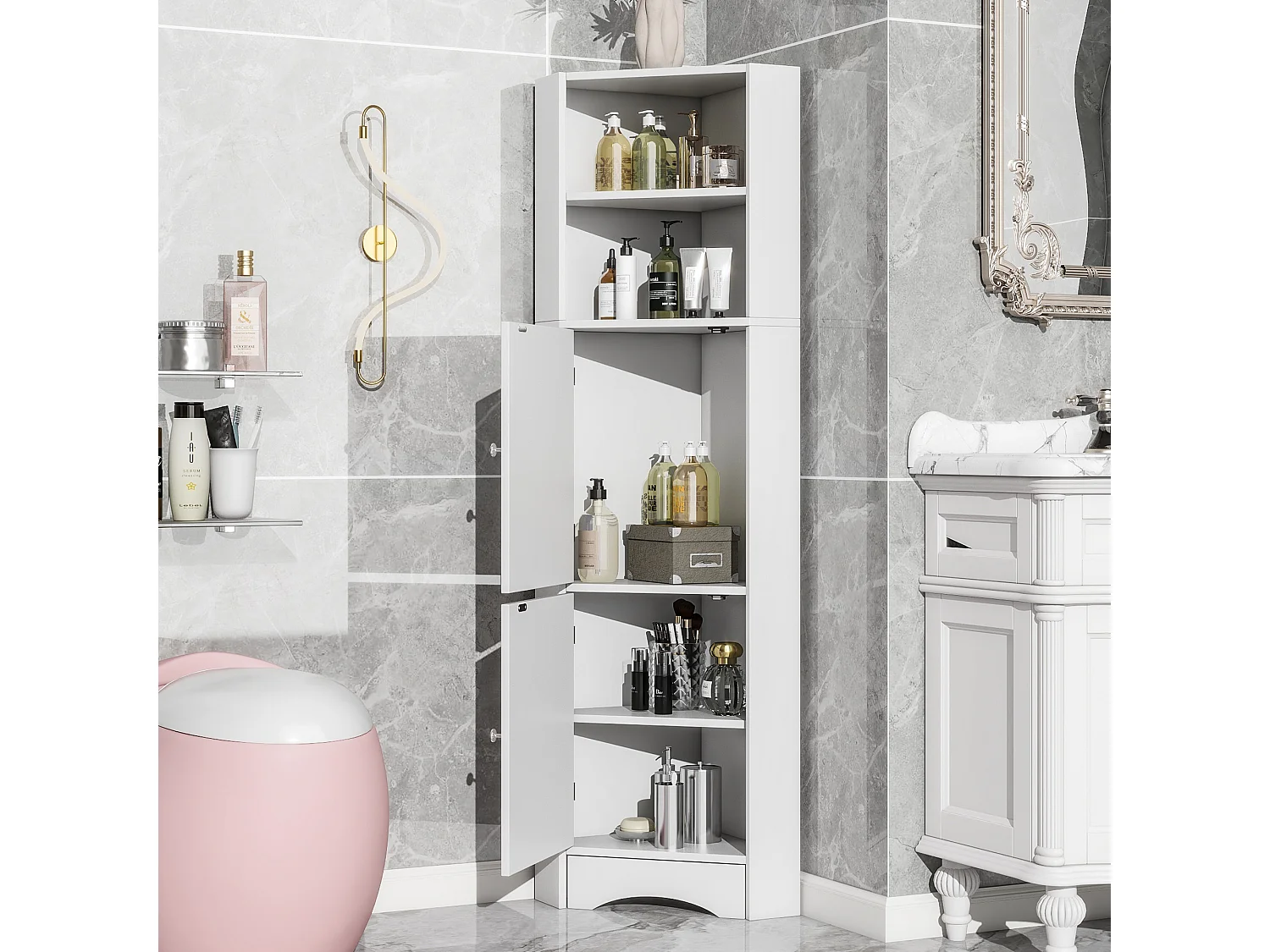 Meuble d'angle de salle de bain, avec 2 étagères, design moderne, MDF, blanc (36.5x36.5x155 cm)