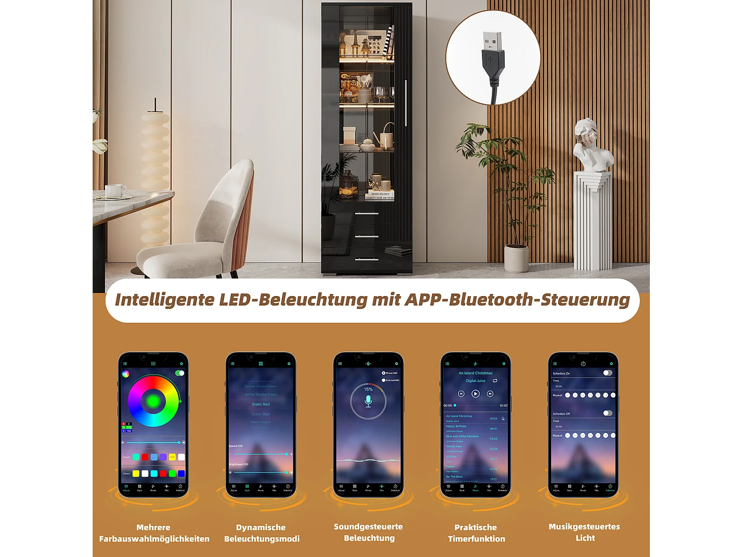 Vetrina laccata nera con ante in vetro, ripiano LED, 3 cassetti, 60x35x180 cm