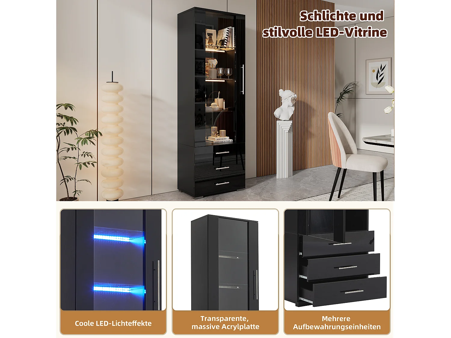 Vetrina laccata nera con ante in vetro, ripiano LED, 3 cassetti, 60x35x180 cm