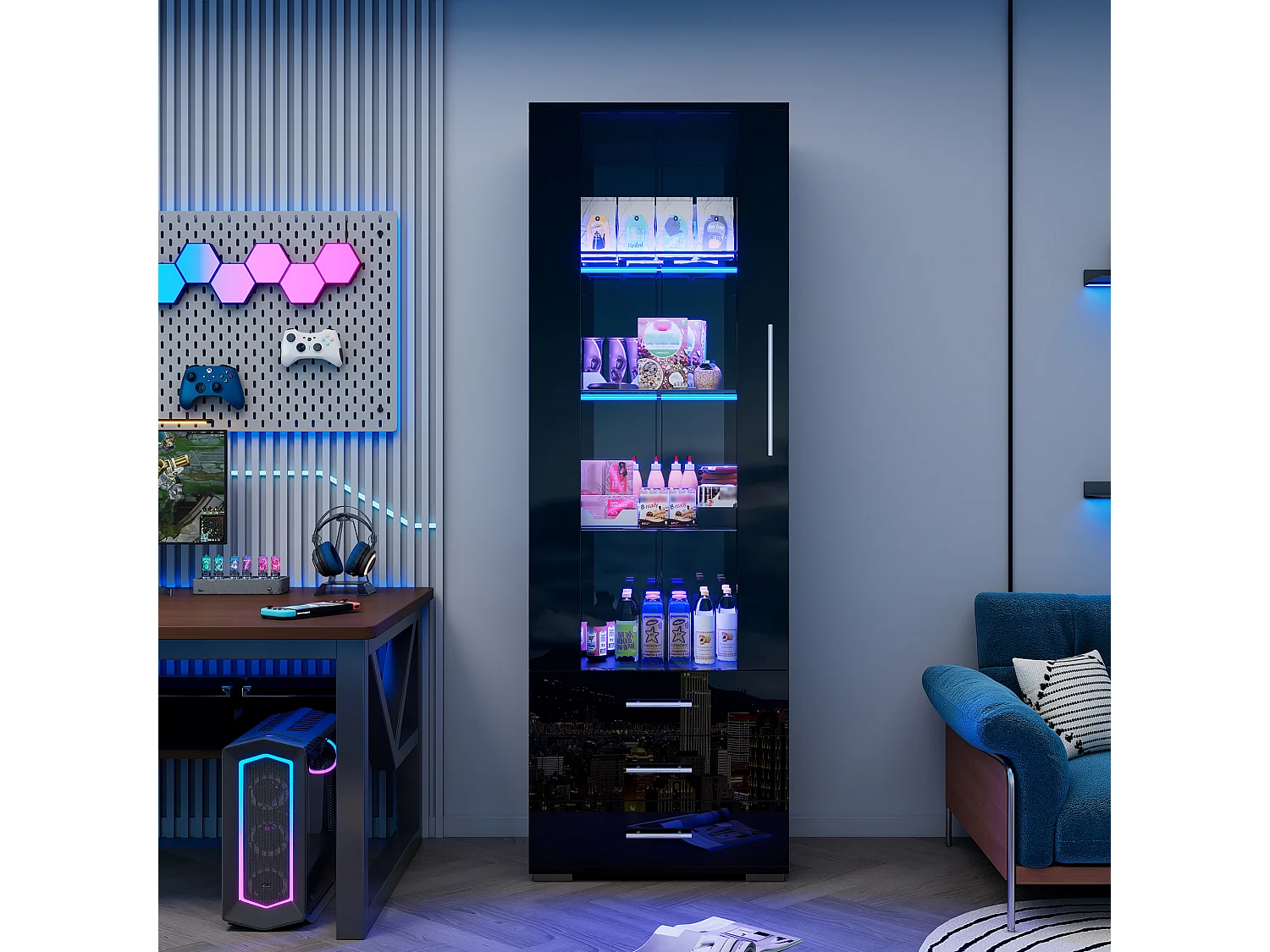 Vitrine noire laquée avec portes en verre, étagère LED, 3 tiroirs, 60x35x180 cm