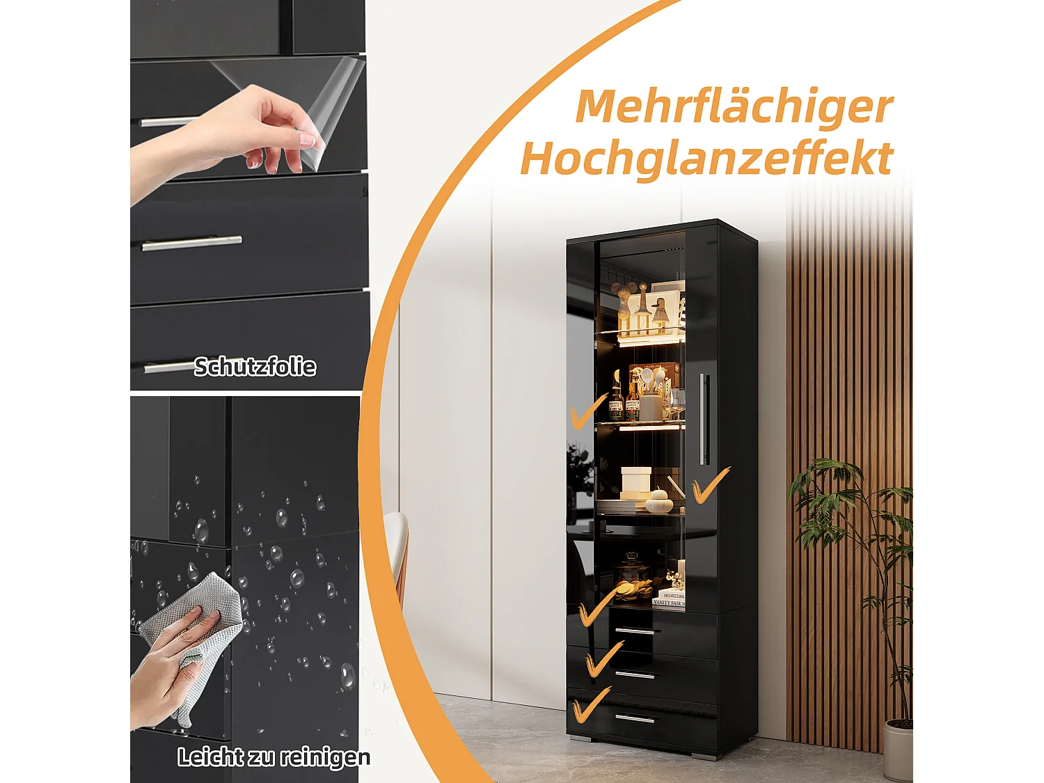 Vitrine noire laquée avec portes en verre, étagère LED, 3 tiroirs, 60x35x180 cm