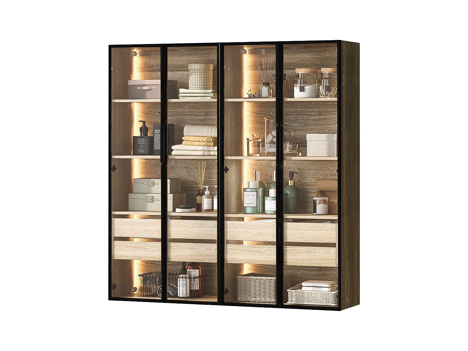 pièces de meubles de salle de bain, avec éclairage LED, 2 portes, 2 grands tiroirs, MDF, couleur bois clair, (73x36x155 cm)