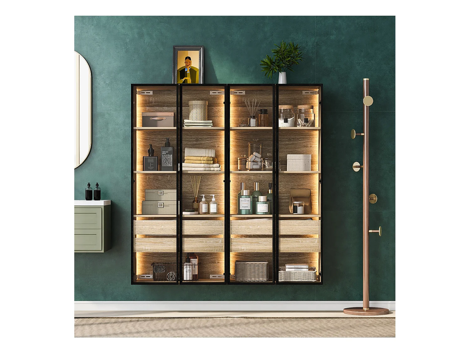 pièces de meubles de salle de bain, avec éclairage LED, 2 portes, 2 grands tiroirs, MDF, couleur bois clair, (73x36x155 cm)