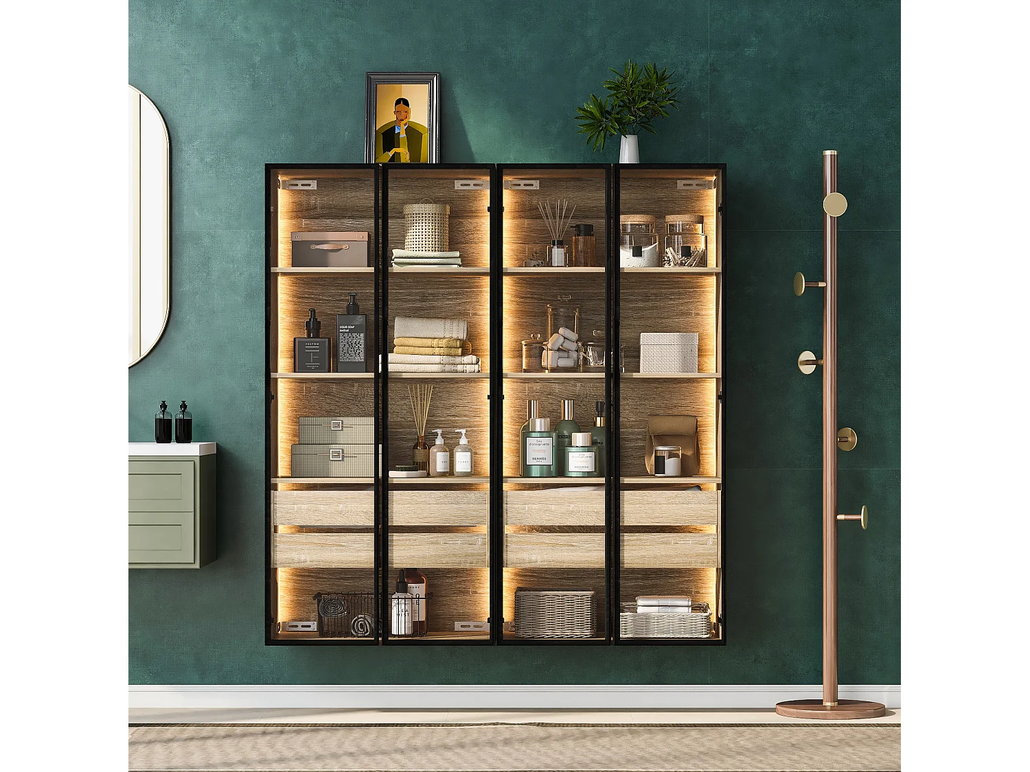 pièces de meubles de salle de bain, avec éclairage LED, 2 portes, 2 grands tiroirs, MDF, couleur bois clair, (73x36x155 cm)