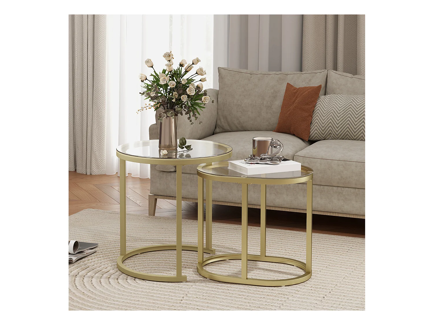 Ensemble de 2 tables basses rondes empilables, structure en acier, doré (50x50x50.5 cm)