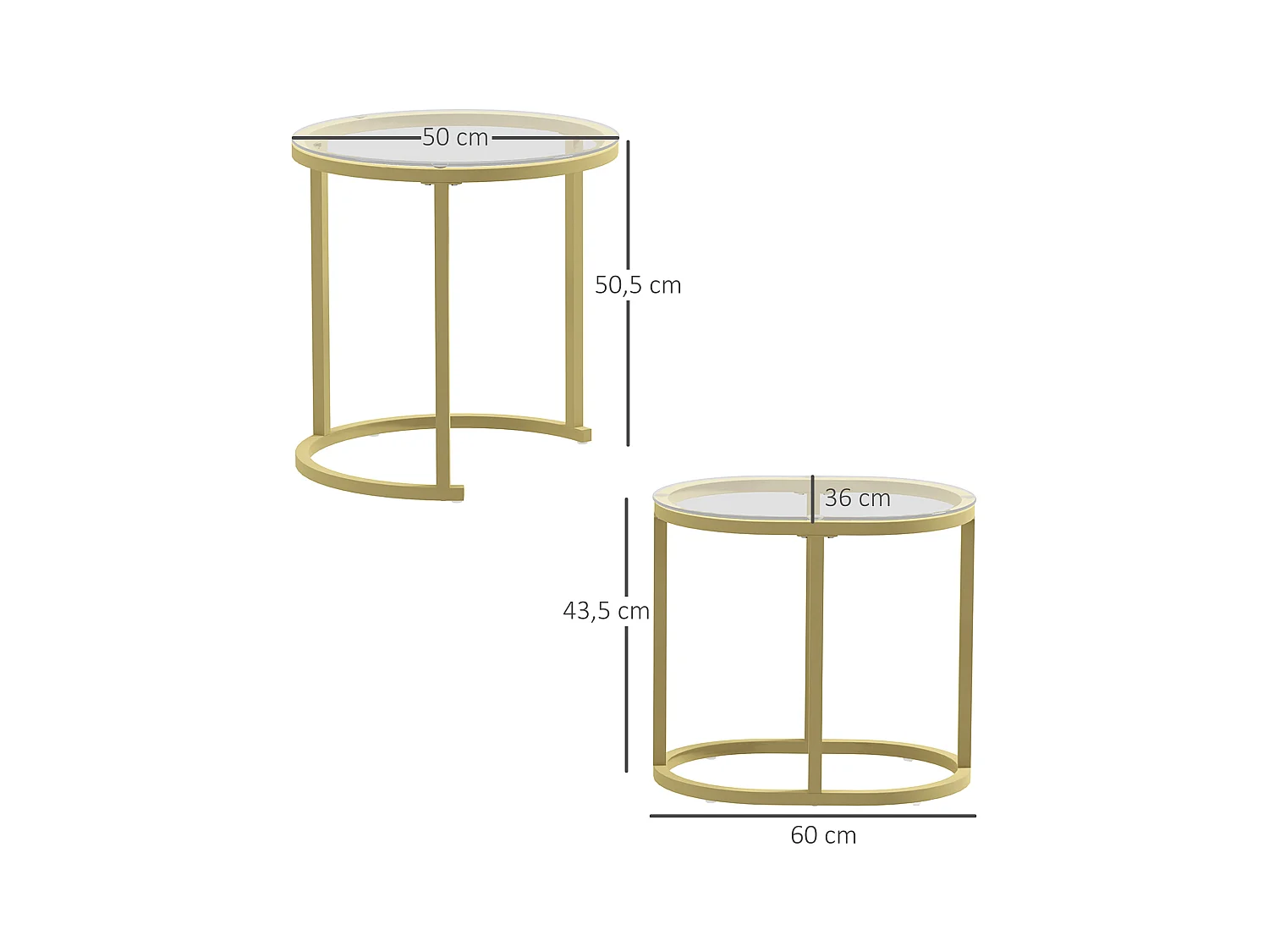 Ensemble de 2 tables basses rondes empilables, structure en acier, doré (50x50x50.5 cm)