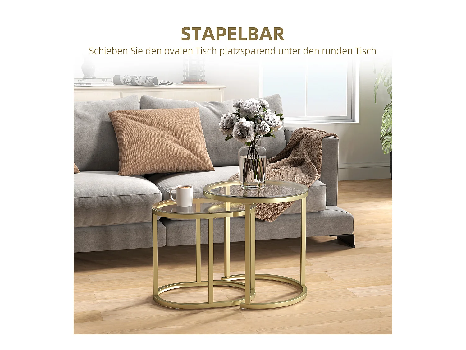 Ensemble de 2 tables basses rondes empilables, structure en acier, doré (50x50x50.5 cm)