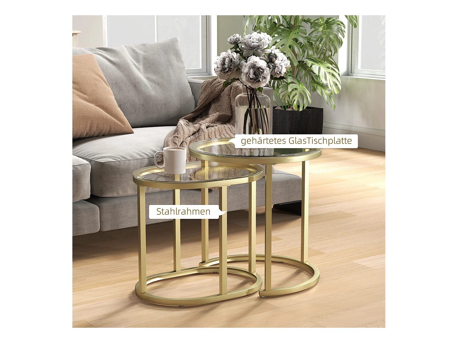 Ensemble de 2 tables basses rondes empilables, structure en acier, doré (50x50x50.5 cm)