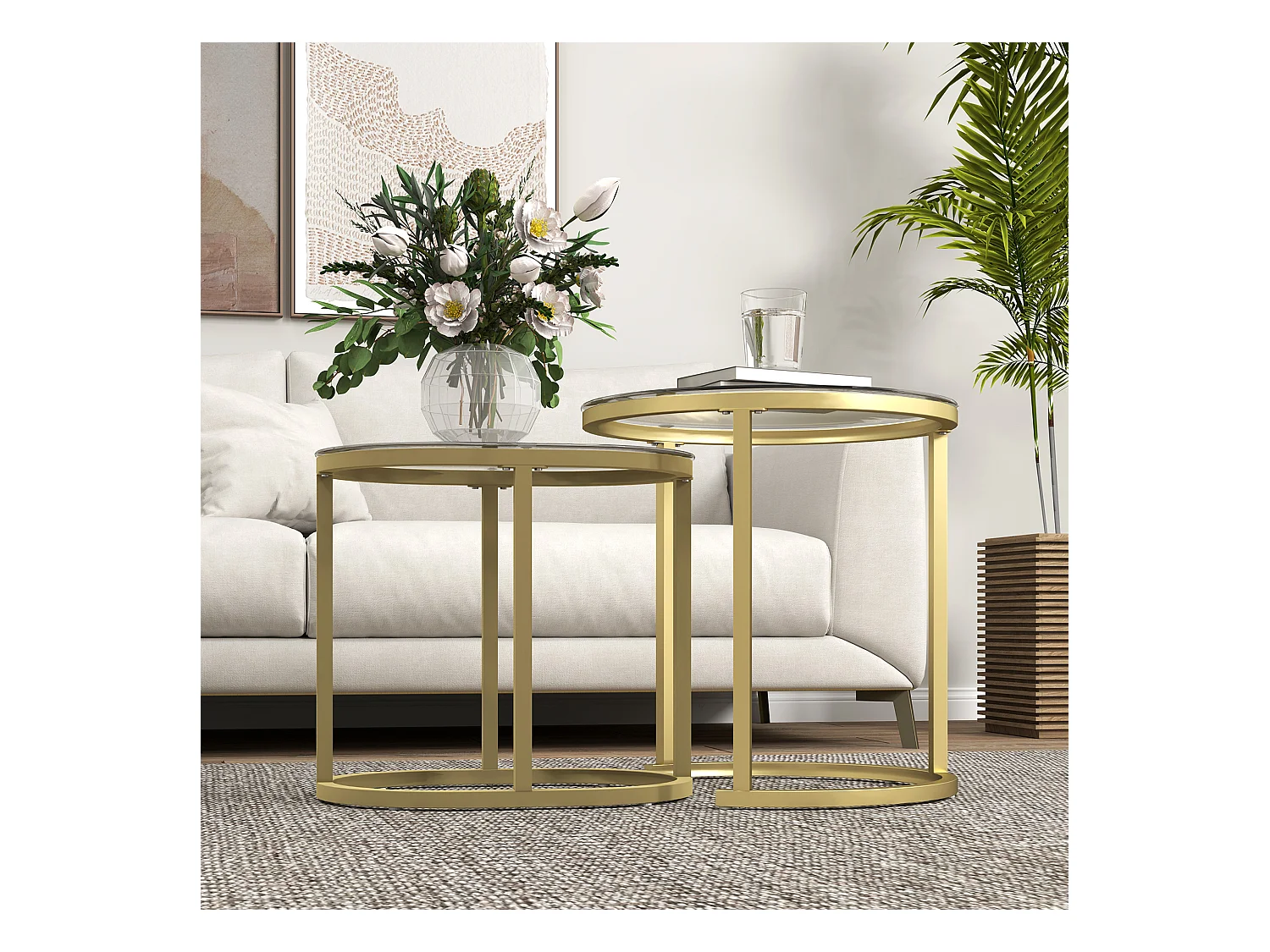 Ensemble de 2 tables basses rondes empilables, structure en acier, doré (50x50x50.5 cm)