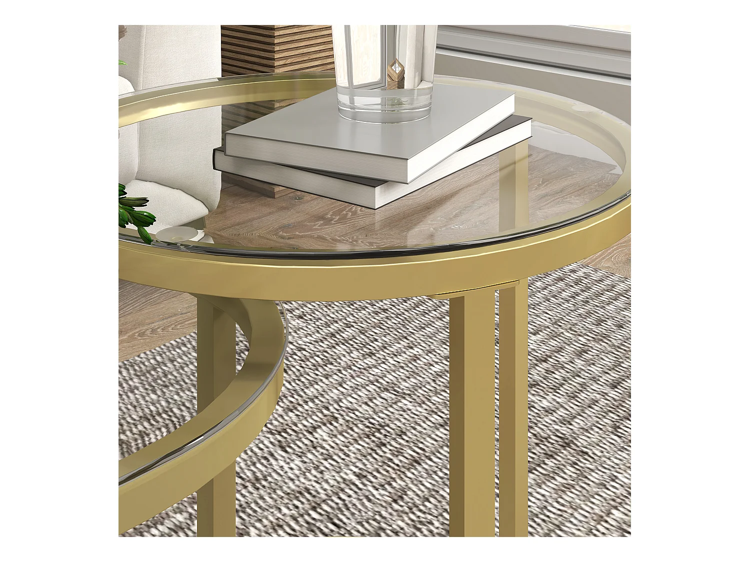 Ensemble de 2 tables basses rondes empilables, structure en acier, doré (50x50x50.5 cm)