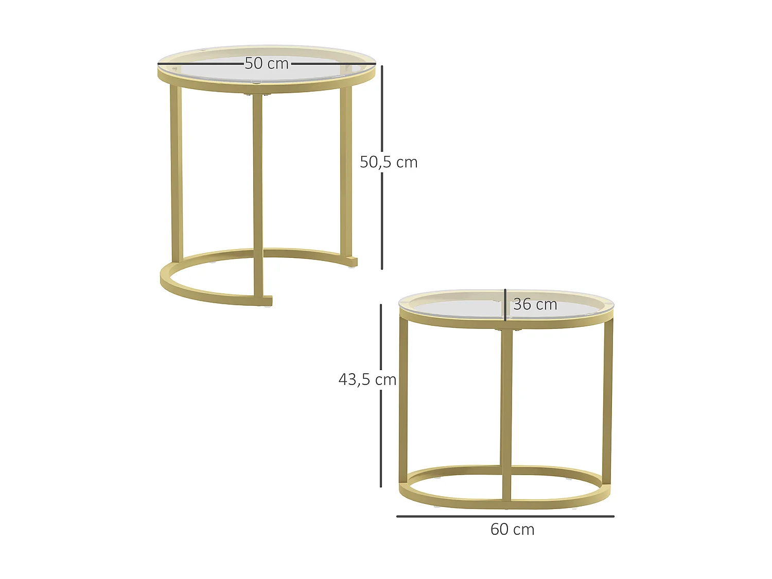 Ensemble de 2 tables basses rondes empilables, structure en acier, doré (50x50x50.5 cm)
