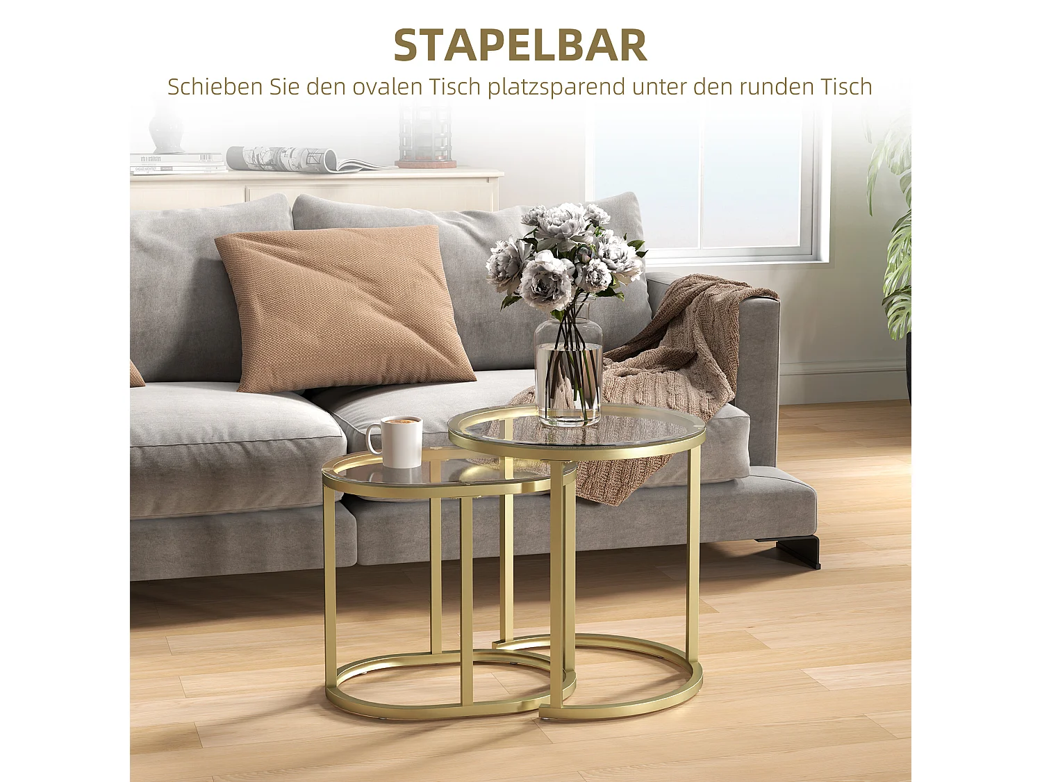 Ensemble de 2 tables basses rondes empilables, structure en acier, doré (50x50x50.5 cm)