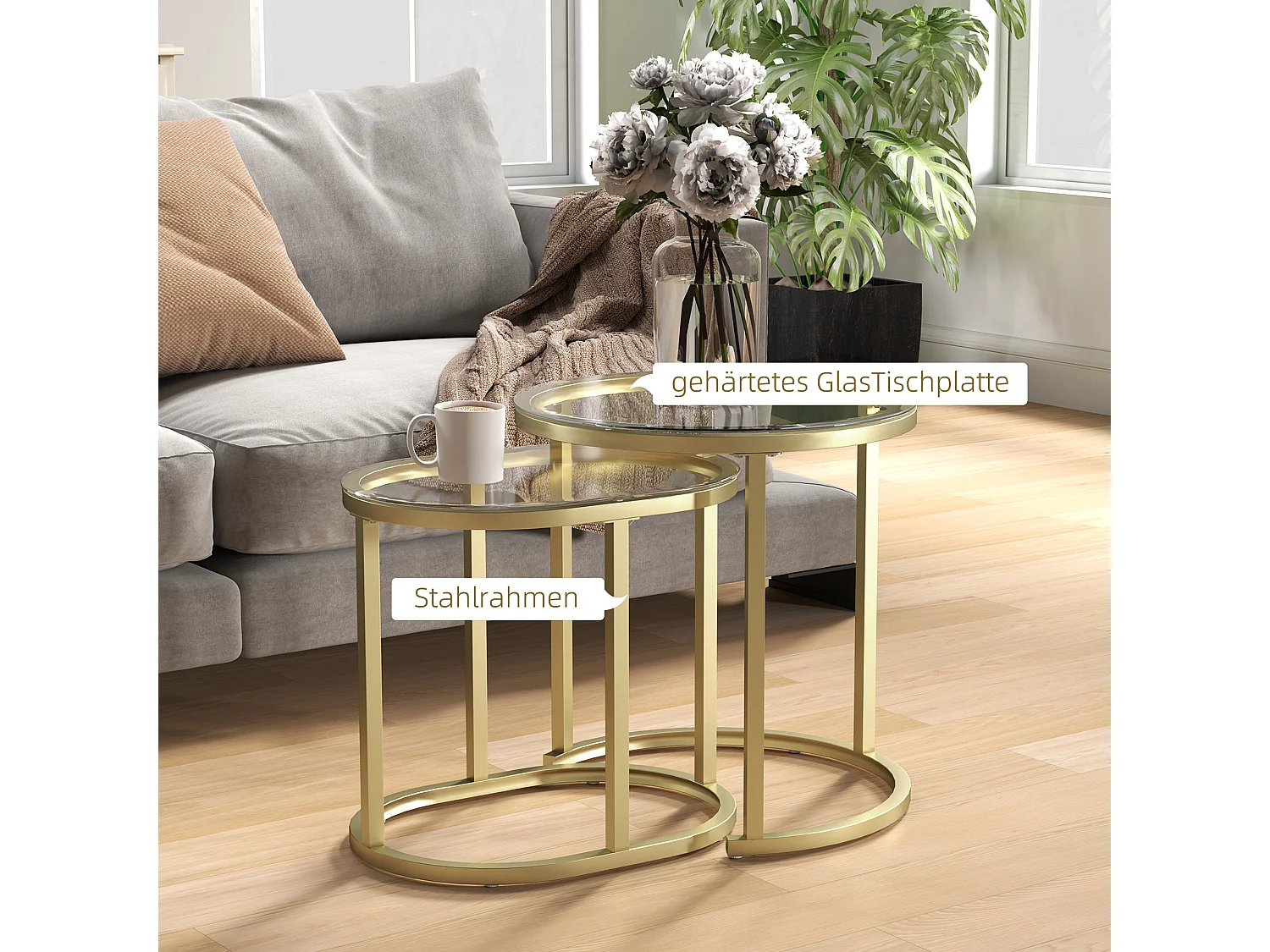 Ensemble de 2 tables basses rondes empilables, structure en acier, doré (50x50x50.5 cm)