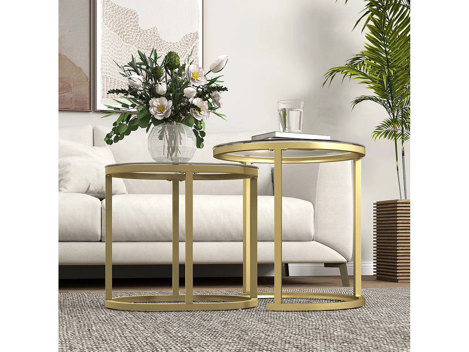 Ensemble de 2 tables basses rondes empilables, structure en acier, doré (50x50x50.5 cm)