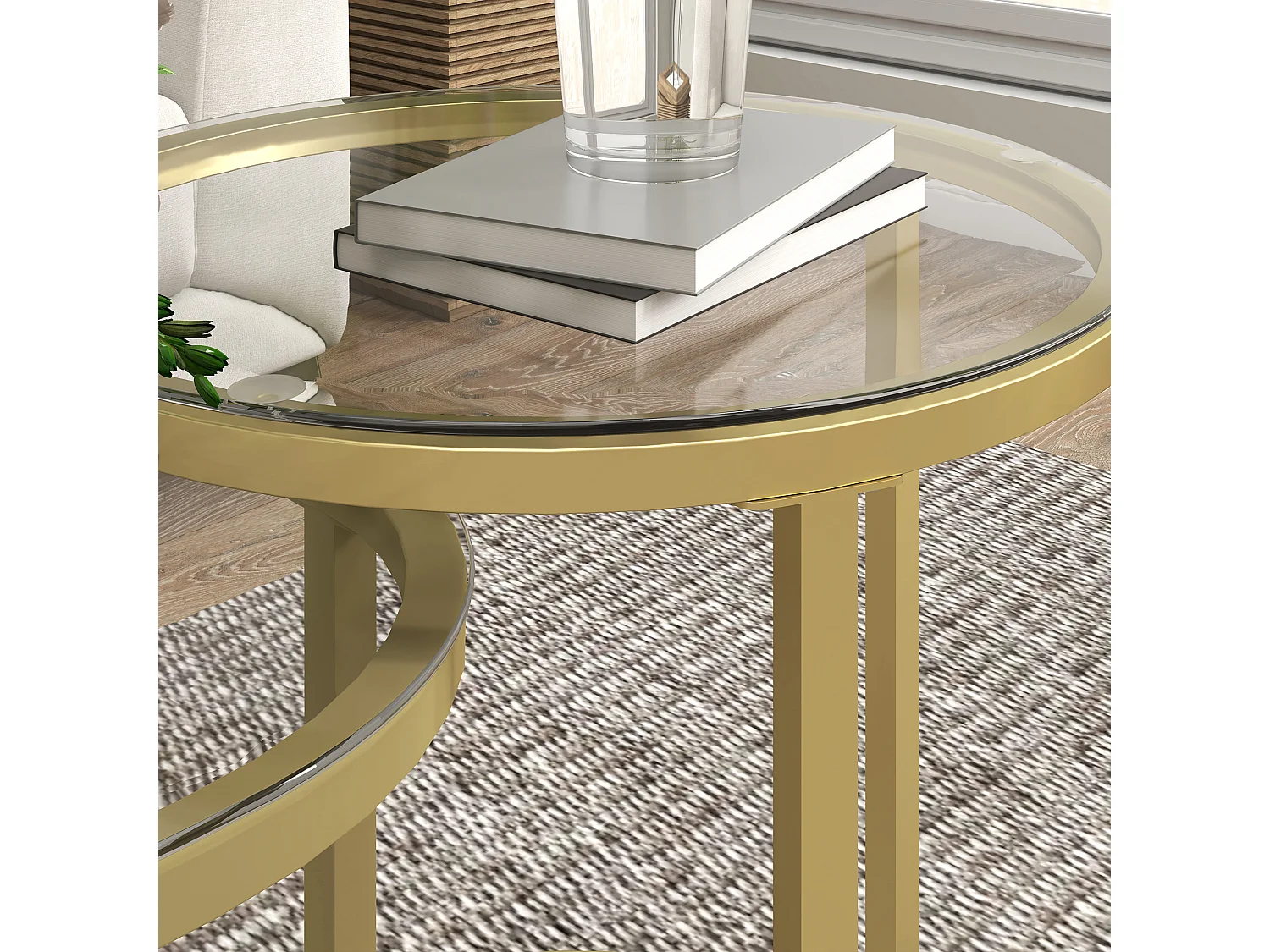 Ensemble de 2 tables basses rondes empilables, structure en acier, doré (50x50x50.5 cm)