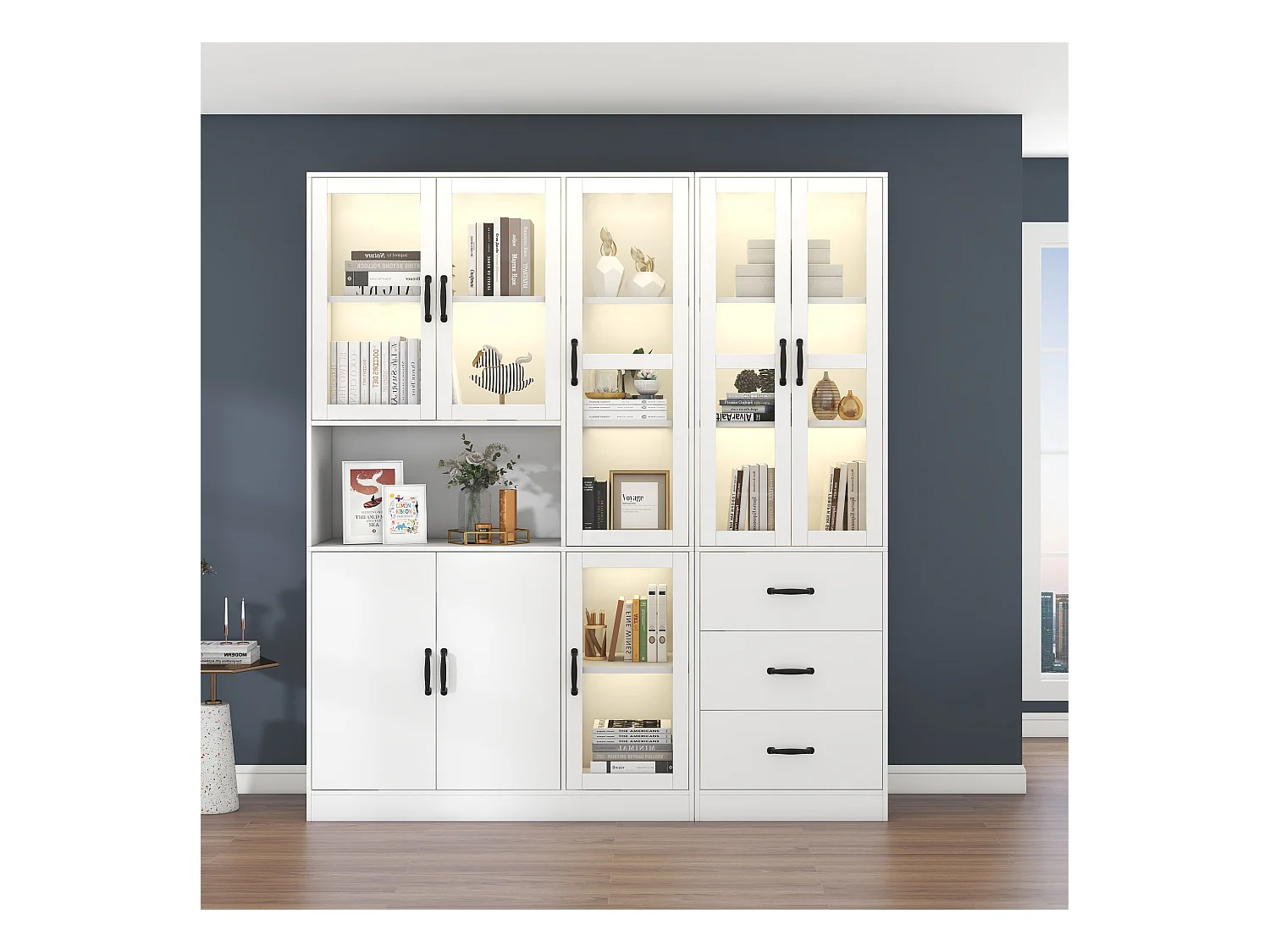 Vitrine combinée moderne avec éclairage LED, 8 portes, 3 tiroirs, panneau de particules, blanc, 180x40x200 cm