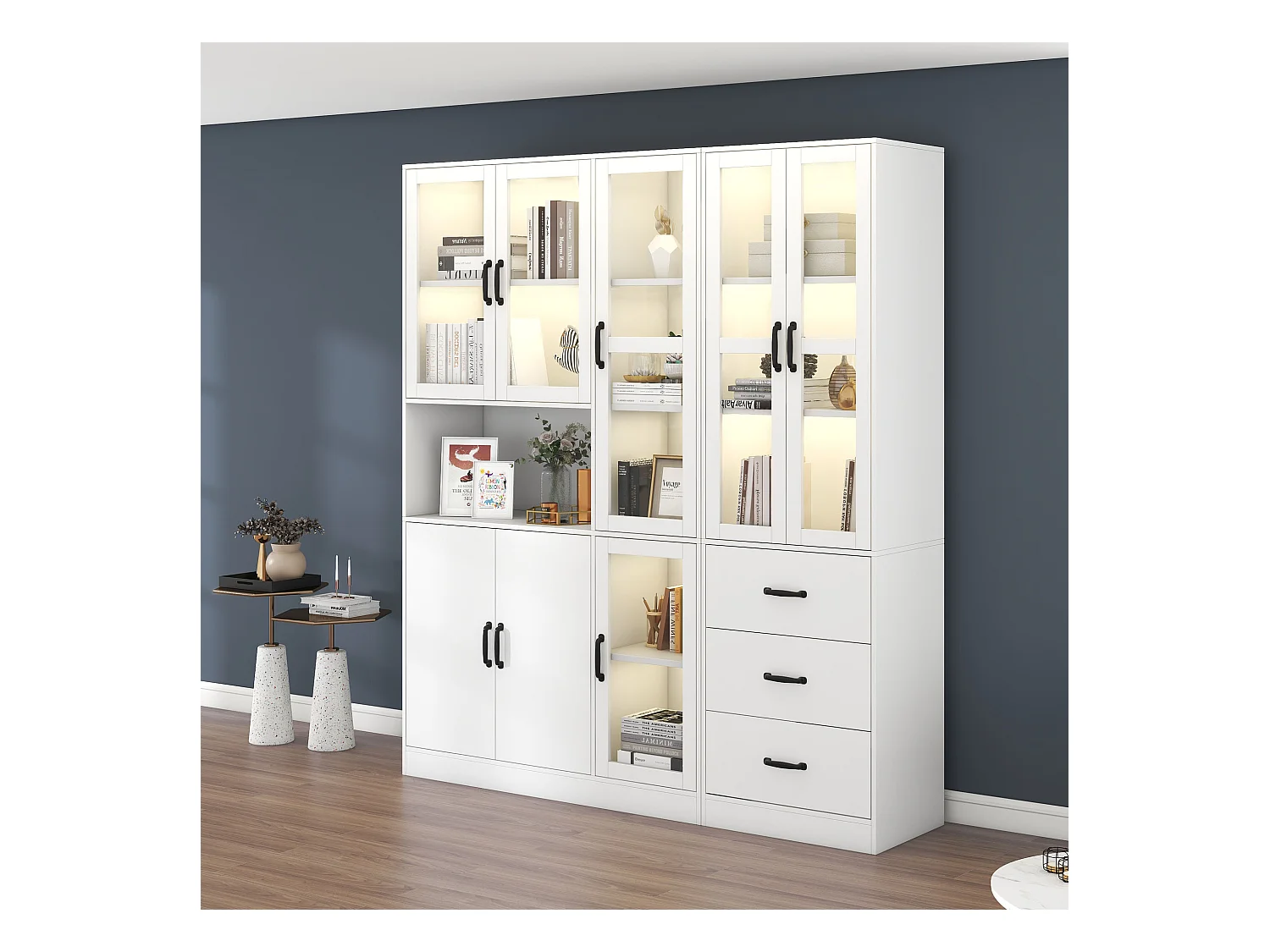 Vitrine combinée moderne avec éclairage LED, 8 portes, 3 tiroirs, panneau de particules, blanc, 180x40x200 cm