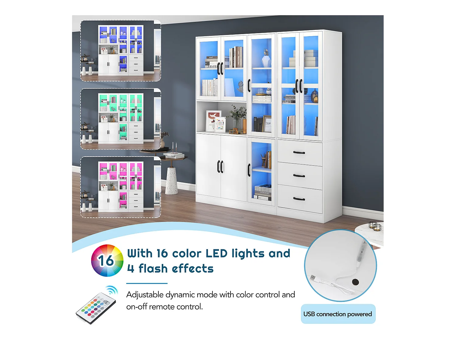 Vitrine combinée moderne avec éclairage LED, 8 portes, 3 tiroirs, panneau de particules, blanc, 180x40x200 cm