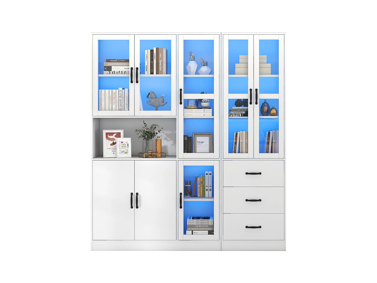 Vitrine combinée moderne avec éclairage LED, 8 portes, 3 tiroirs, panneau de particules, blanc, 180x40x200 cm