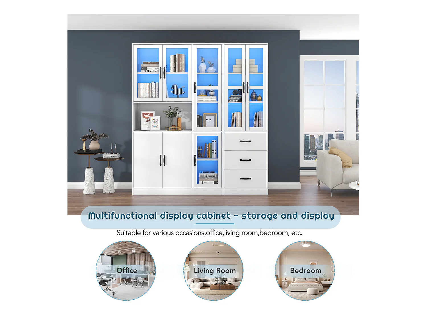 Vitrine combinée moderne avec éclairage LED, 8 portes, 3 tiroirs, panneau de particules, blanc, 180x40x200 cm