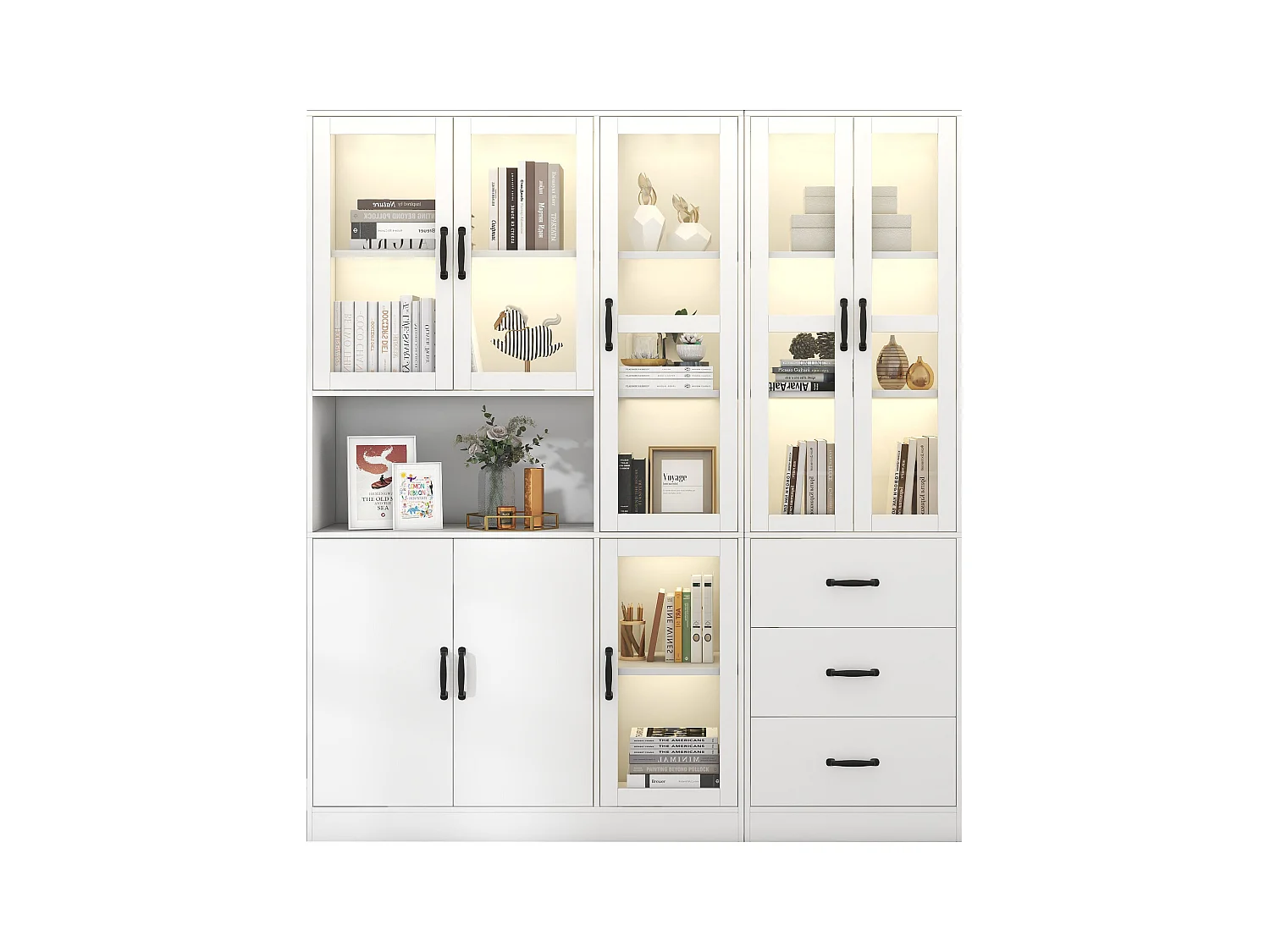 Vitrine combinée moderne avec éclairage LED, 8 portes, 3 tiroirs, panneau de particules, blanc, 180x40x200 cm