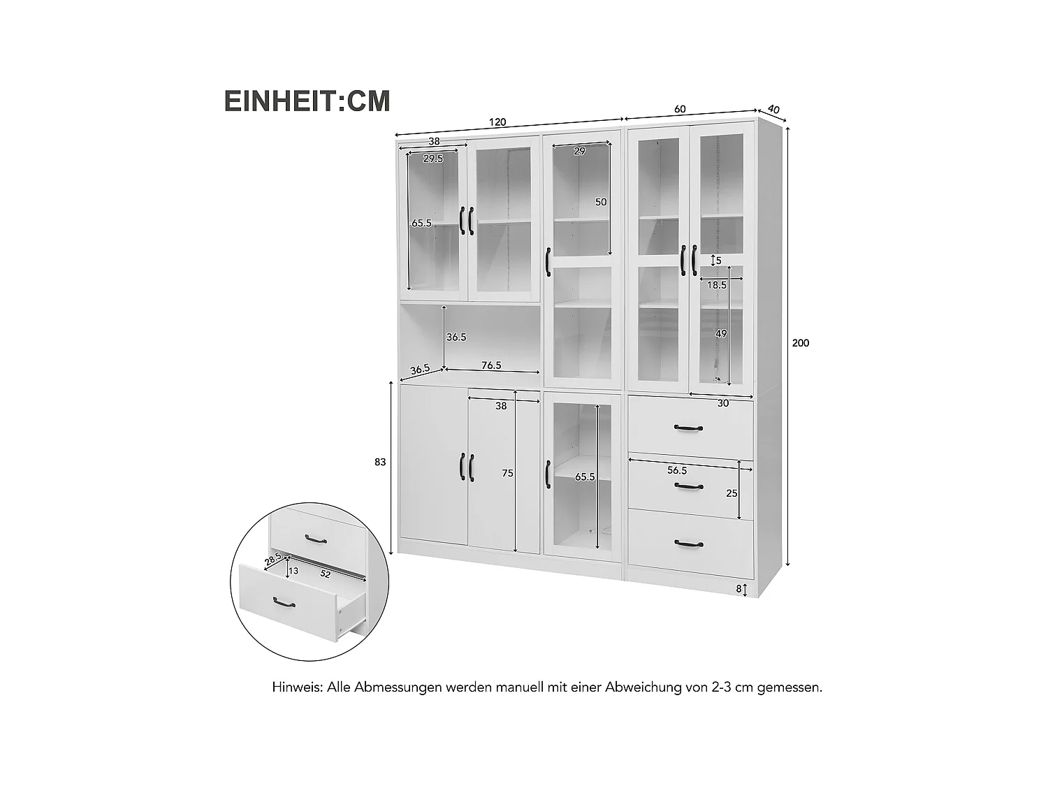Vitrine combinée moderne avec éclairage LED, 8 portes, 3 tiroirs, panneau de particules, blanc, 180x40x200 cm