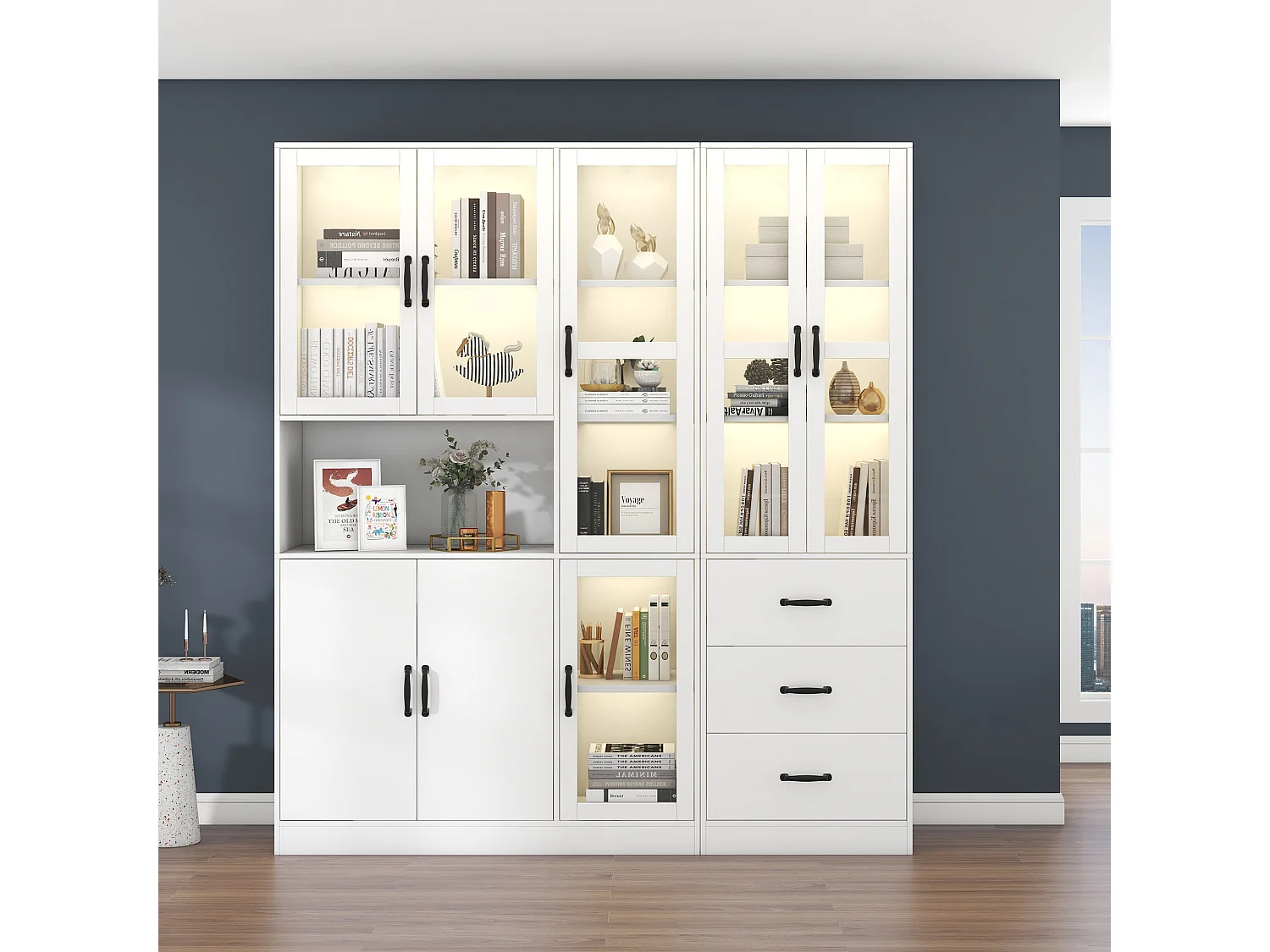 Vitrina moderna combinada con iluminación LED, 8 puertas, 3 cajones, aglomerado, blanco, 180x40x200 cm