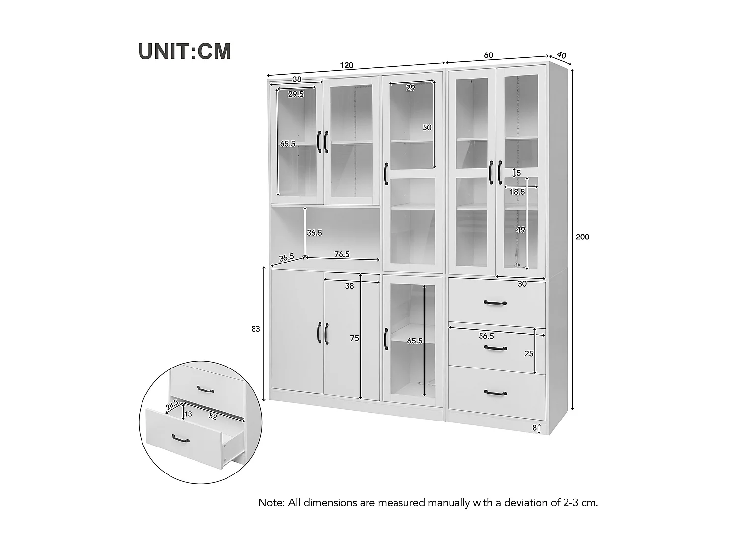 Vitrina moderna combinada con iluminación LED, 8 puertas, 3 cajones, aglomerado, blanco, 180x40x200 cm