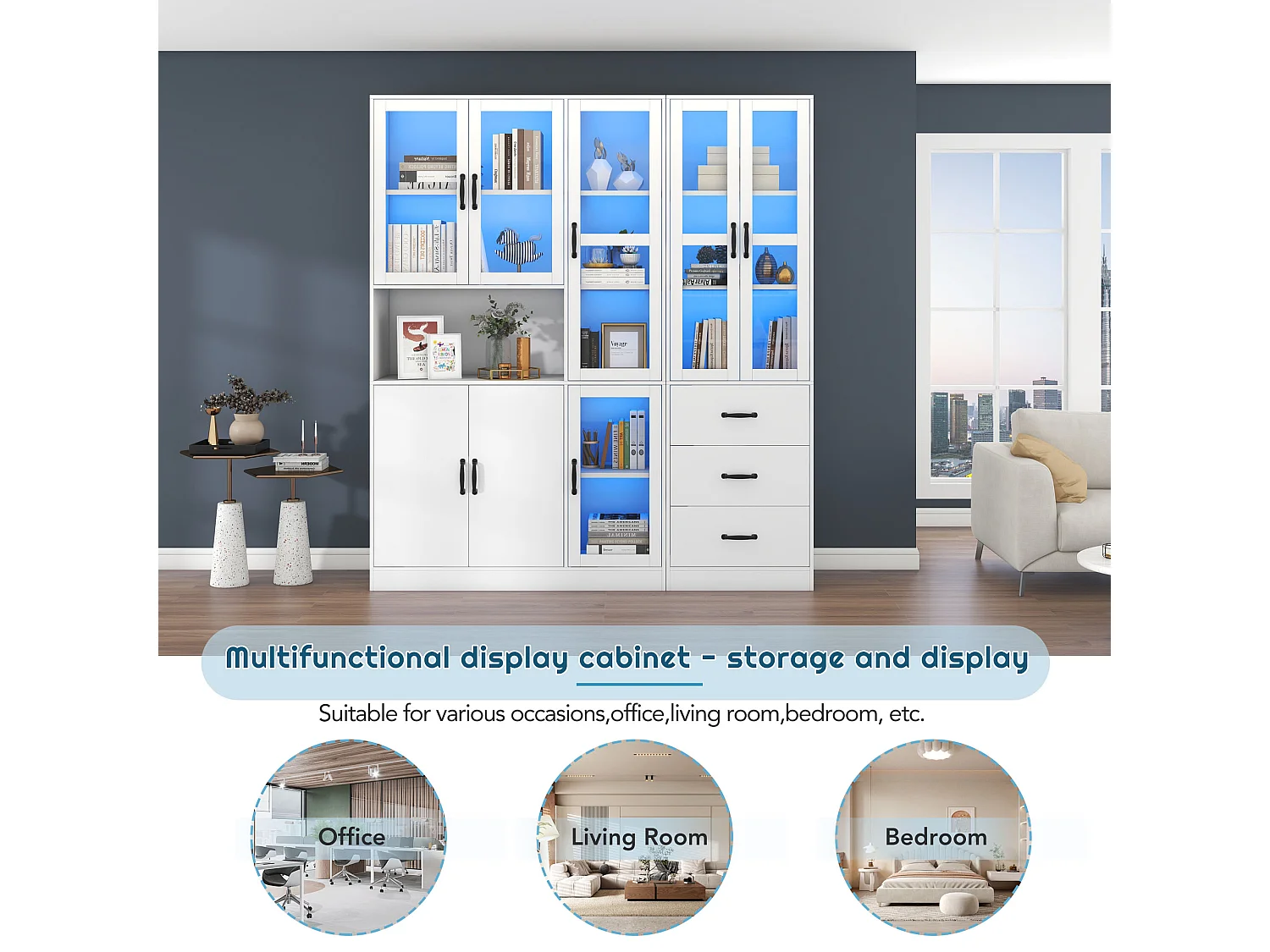 Vitrina moderna combinada con iluminación LED, 8 puertas, 3 cajones, aglomerado, blanco, 180x40x200 cm