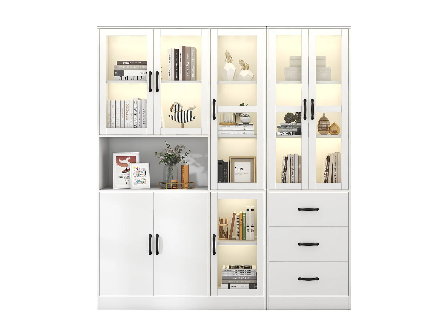 Vitrina moderna combinada con iluminación LED, 8 puertas, 3 cajones, aglomerado, blanco, 180x40x200 cm