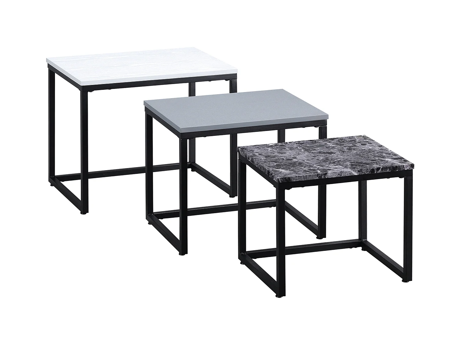 Lot de 3 tables basses empilables, plateau MDF laqué, pieds métal, blanc/gris/noir (55x40x45cm)