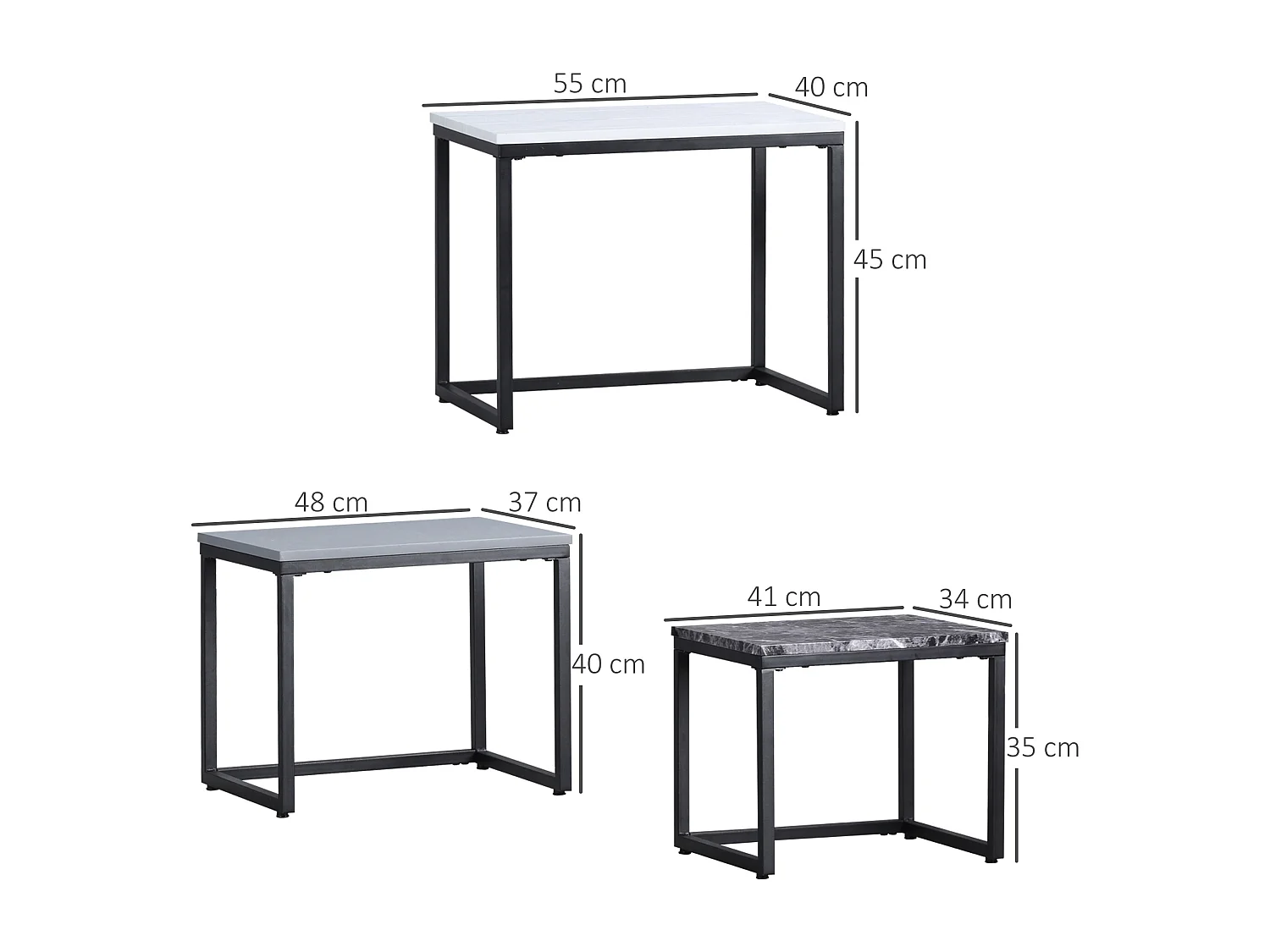 Set di 3 tavolini impilabili, piano in MDF laccato, gambe in metallo, bianco/grigio/nero (55x40x45cm)