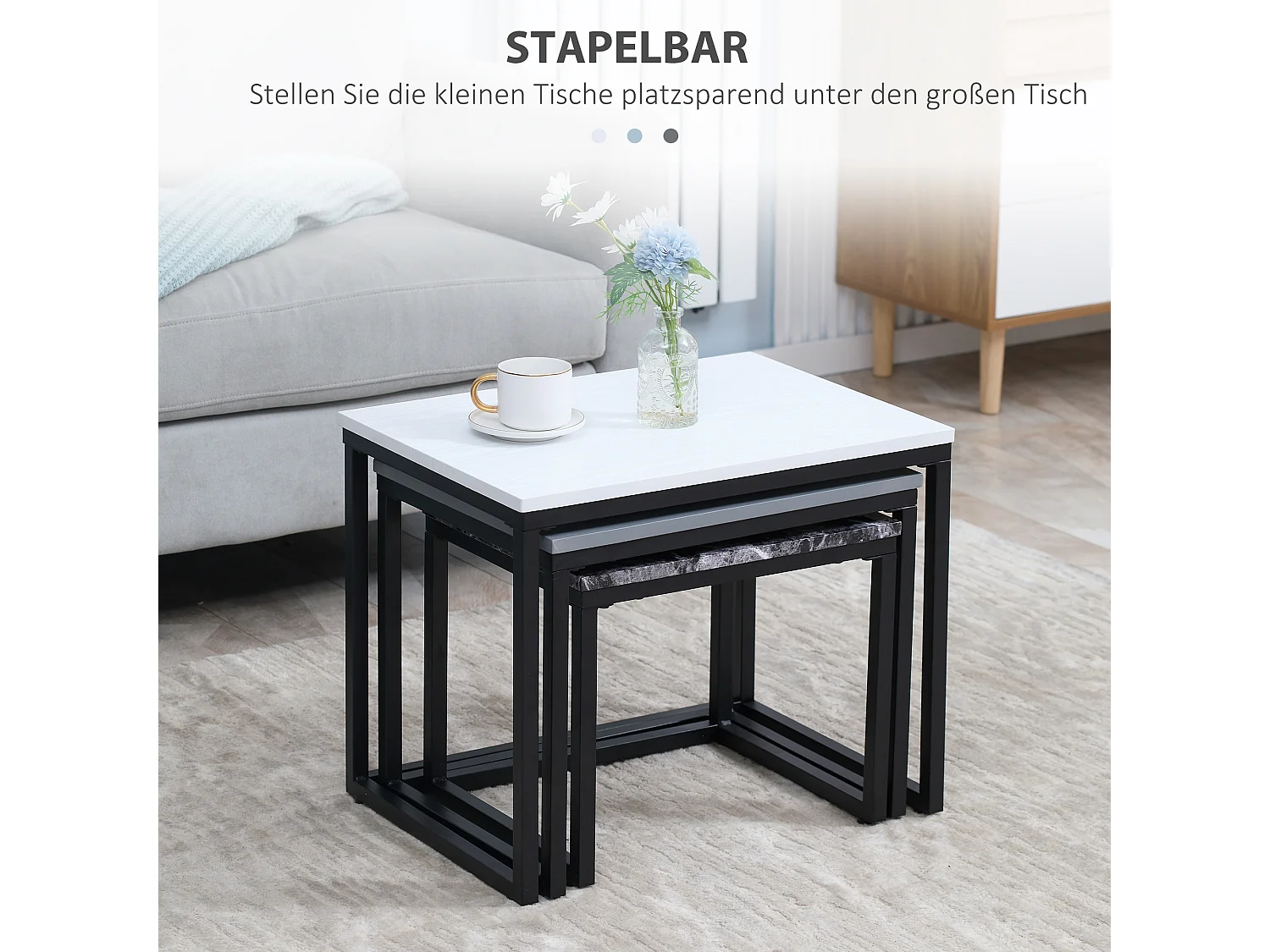 Set di 3 tavolini impilabili, piano in MDF laccato, gambe in metallo, bianco/grigio/nero (55x40x45cm)