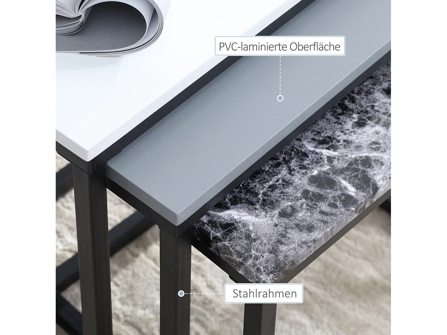 Set di 3 tavolini impilabili, piano in MDF laccato, gambe in metallo, bianco/grigio/nero (55x40x45cm)