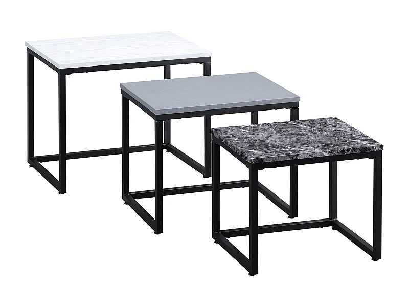 Set di 3 tavolini impilabili, piano in MDF laccato, gambe in metallo, bianco/grigio/nero (55x40x45cm)