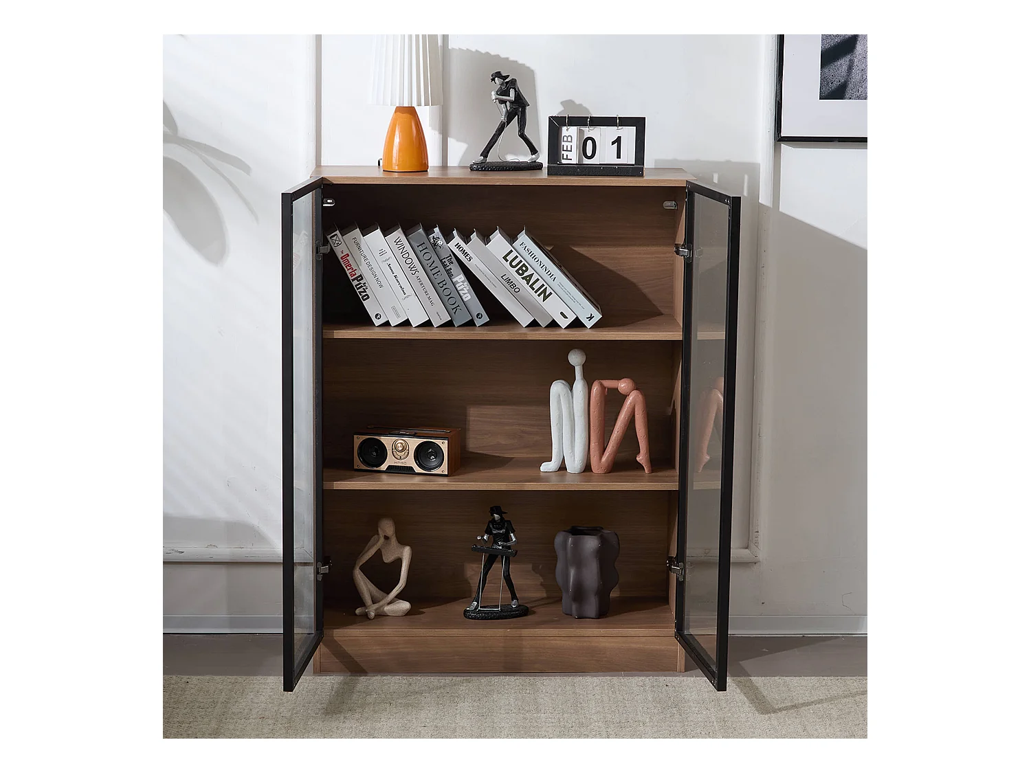 Vitrine en verre avec éclairage LED, design moderne, aluminium et verre, naturel (80x32x106 cm)