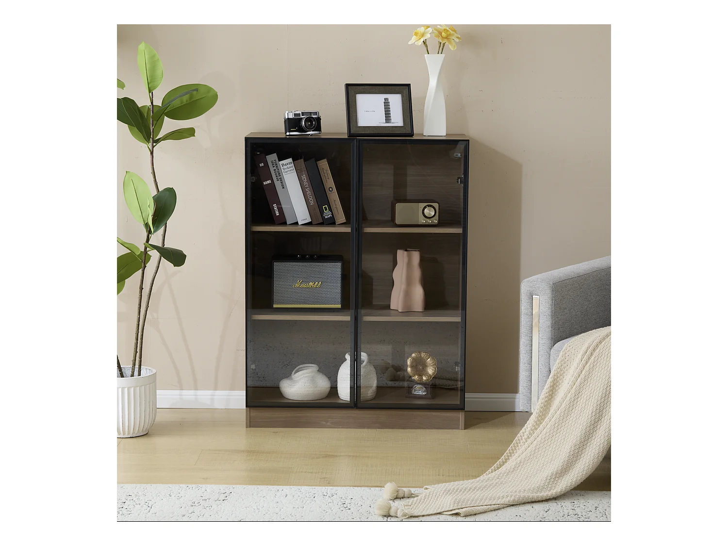 Vitrine en verre avec éclairage LED, design moderne, aluminium et verre, naturel (80x32x106 cm)