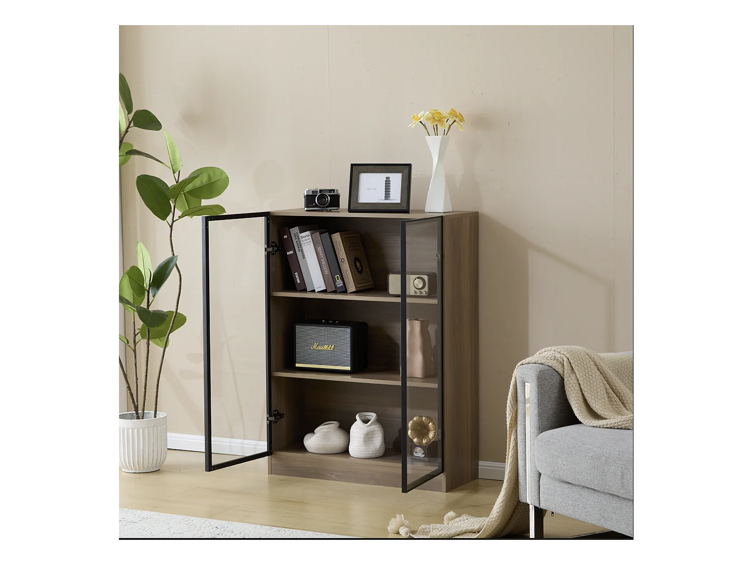 Vitrine en verre avec éclairage LED, design moderne, aluminium et verre, naturel (80x32x106 cm)