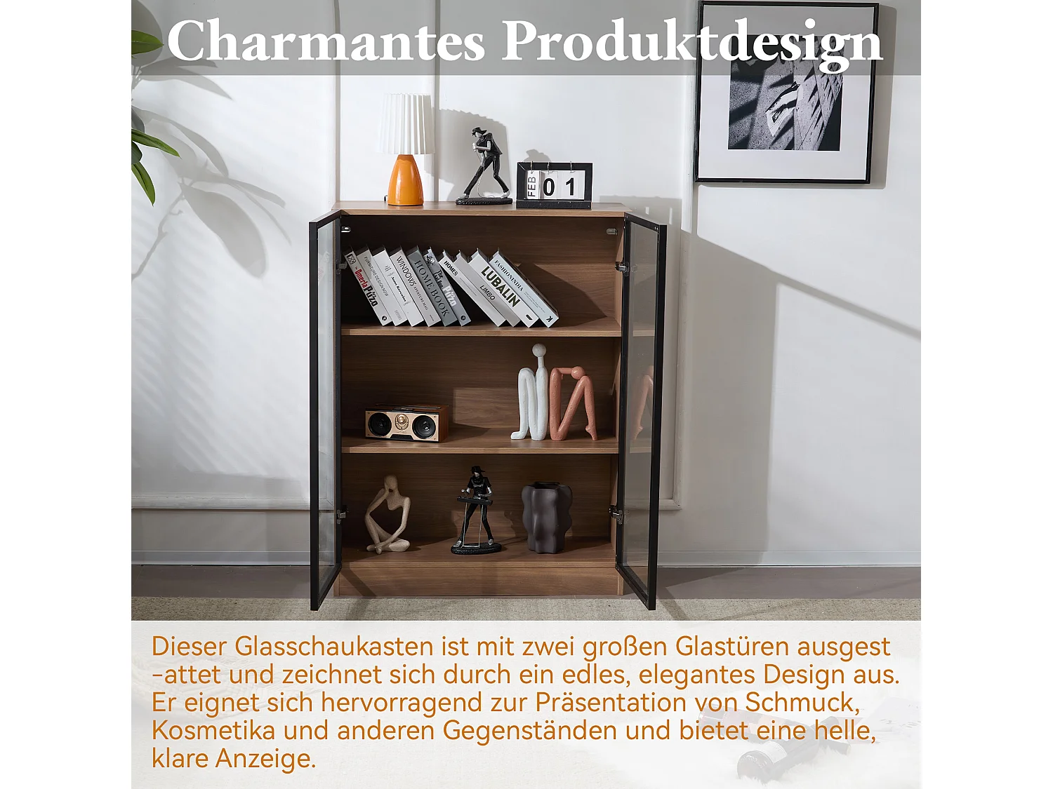 Vitrine en verre avec éclairage LED, design moderne, aluminium et verre, naturel (80x32x106 cm)