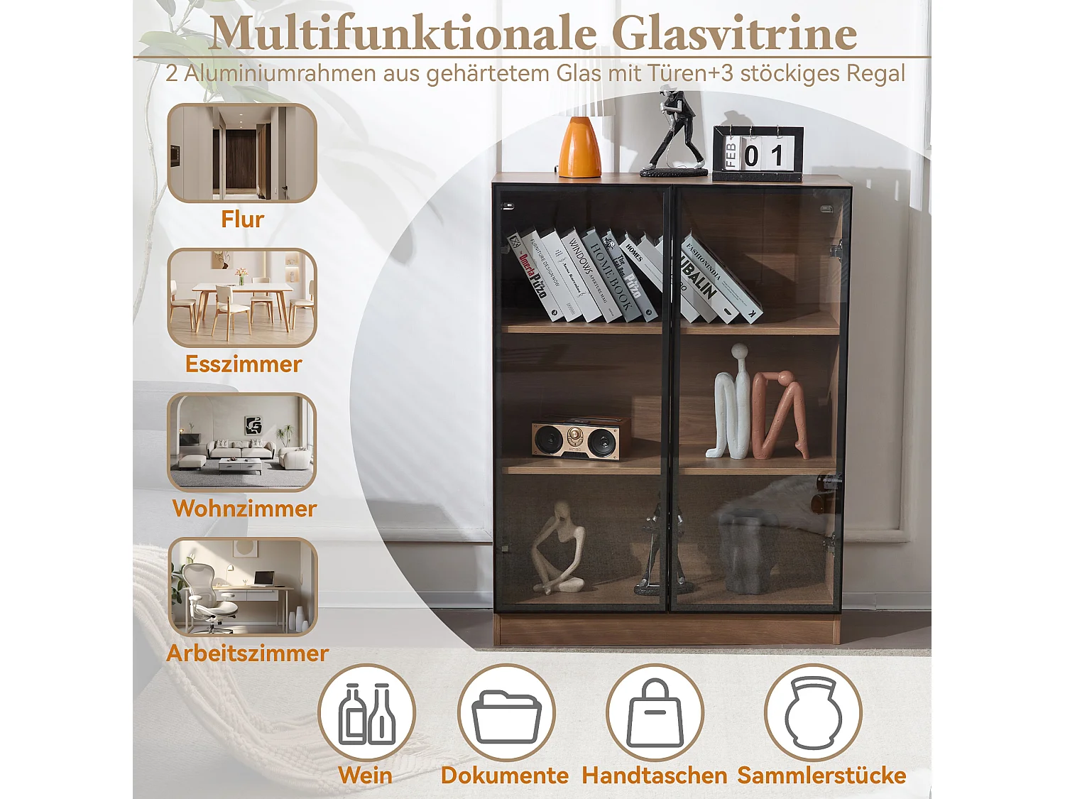 Vitrine en verre avec éclairage LED, design moderne, aluminium et verre, naturel (80x32x106 cm)