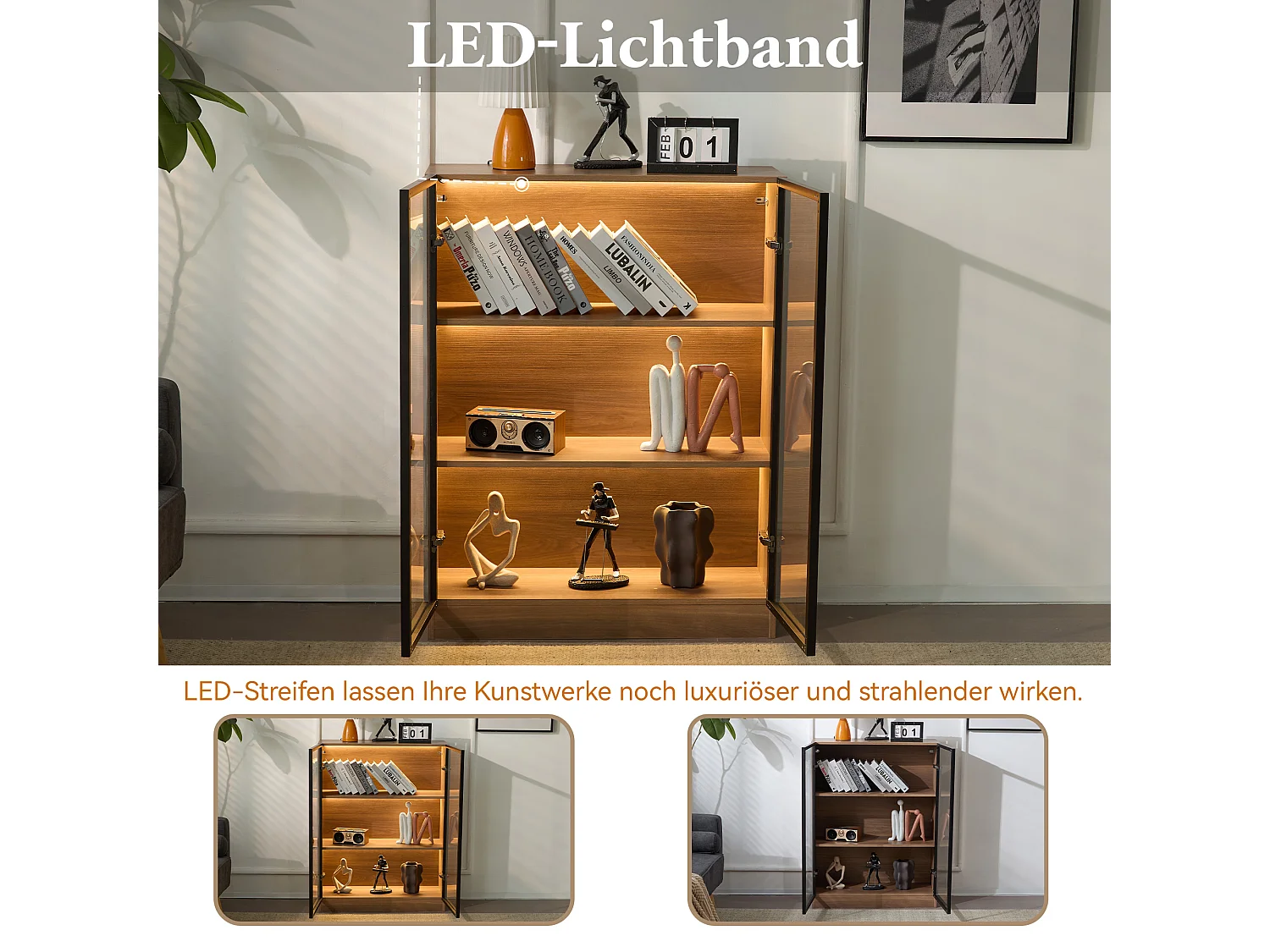 Vitrina de cristal con iluminación LED, diseño moderno, aluminio y cristal, natural (80x32x106 cm)